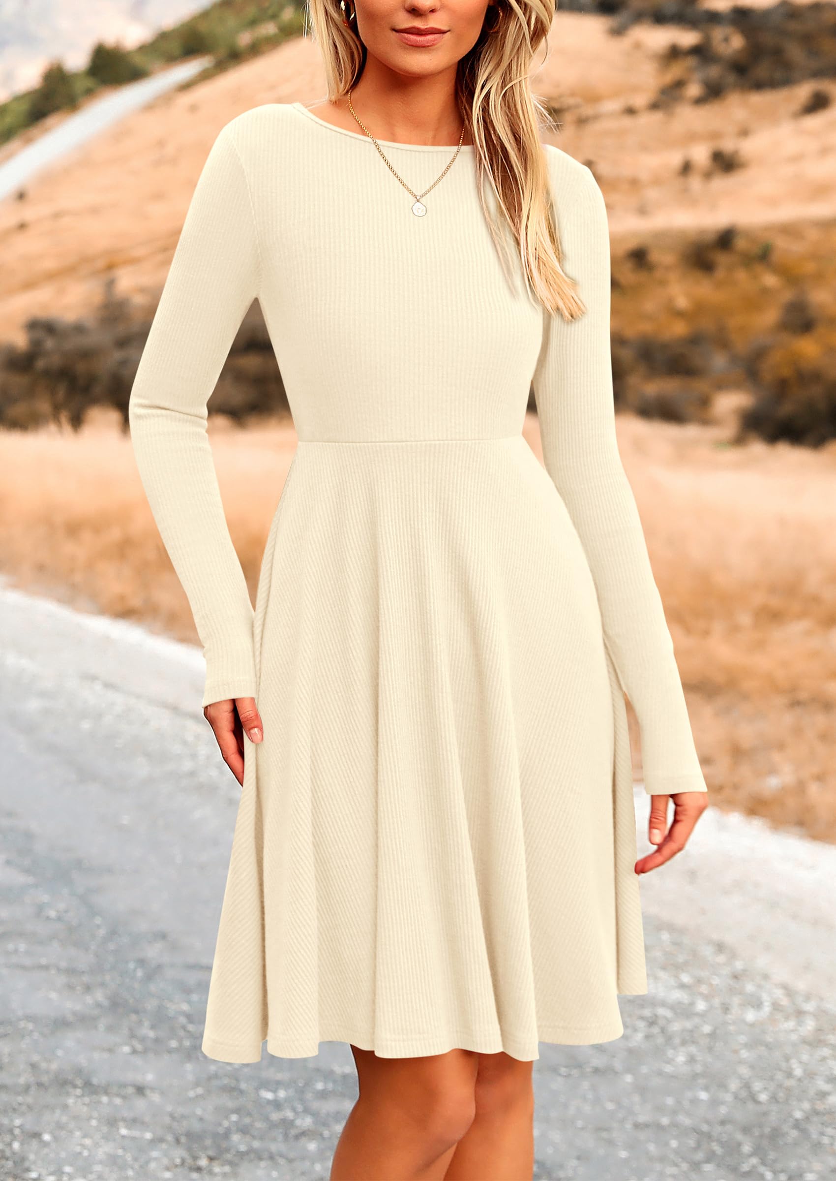 Women's Fall Casual Long Sleeve Short Dress (Beige,S)