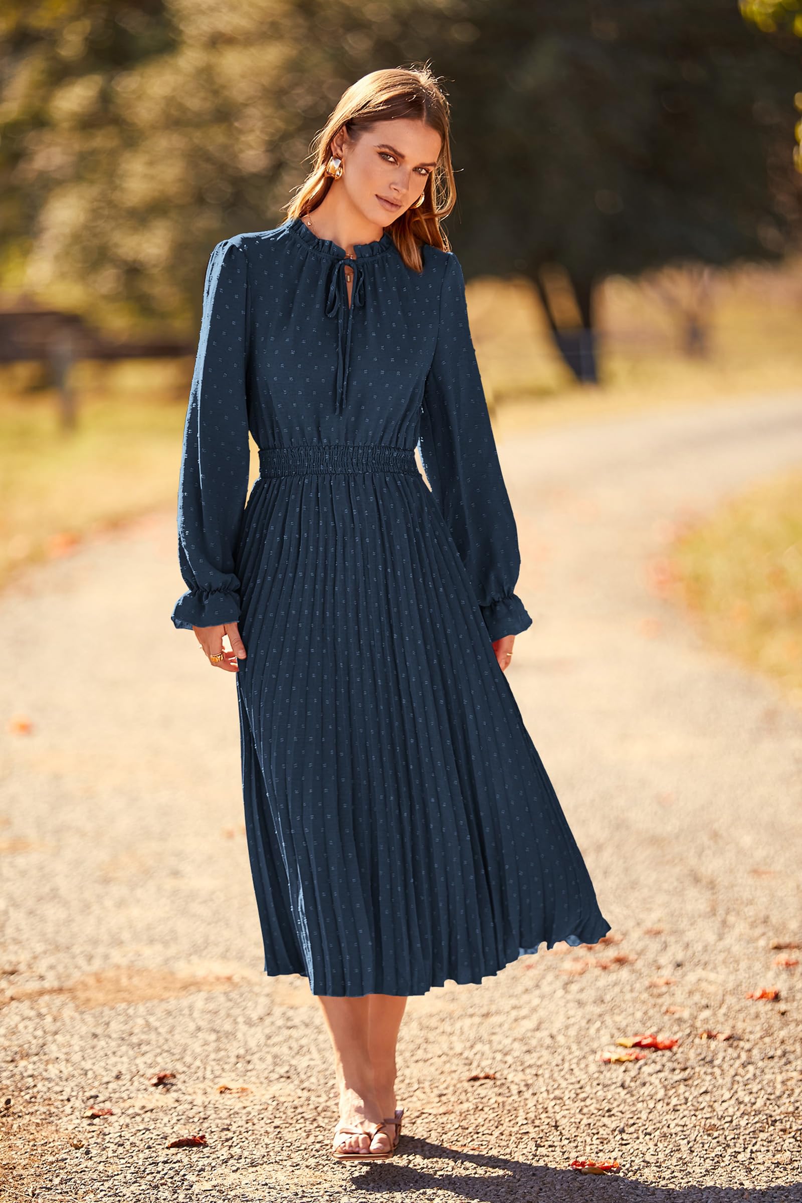 Women's Fall Midi Wedding Guest Dress(Navy,Small)
