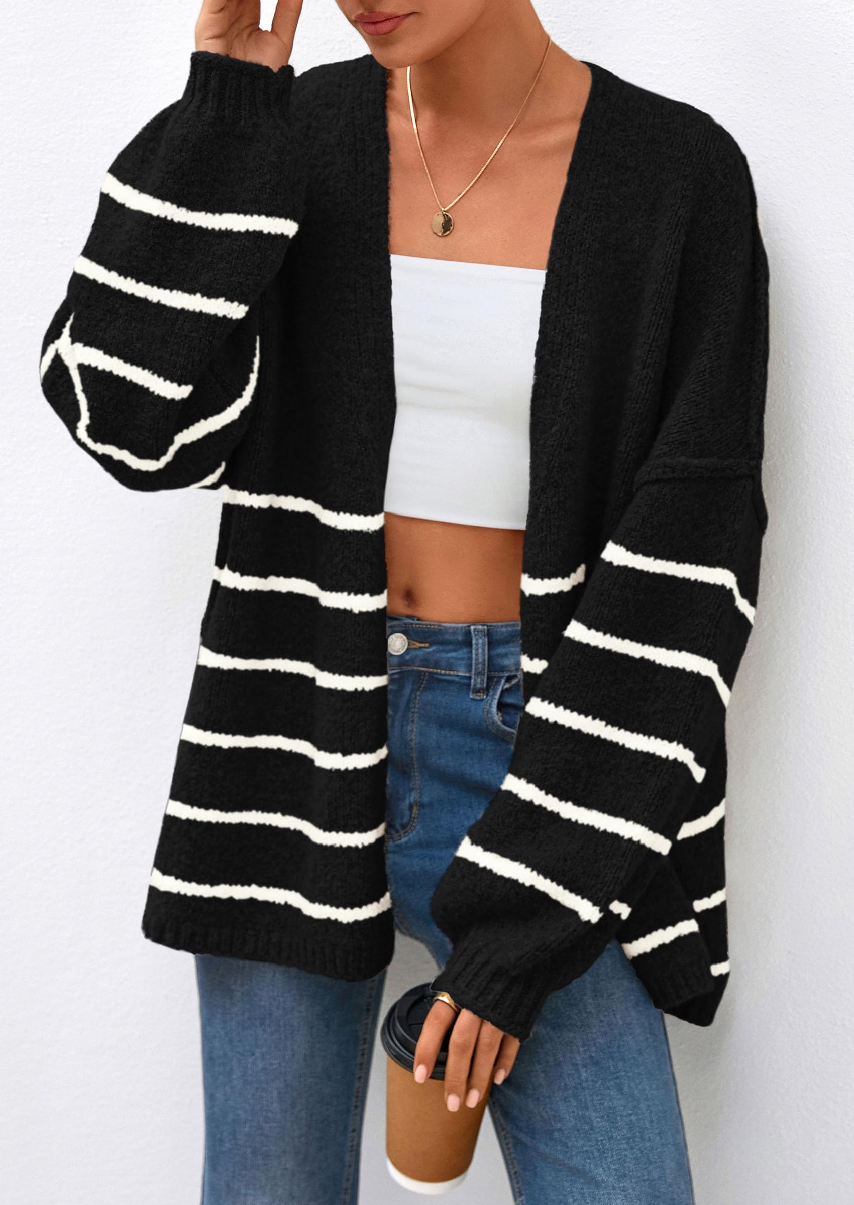 Womens Oversized Cardigan Sweaters 2026 Fall Long Lantern Sleeve Knit Open Front Lightweight Sweater (Striped Black White,Small)