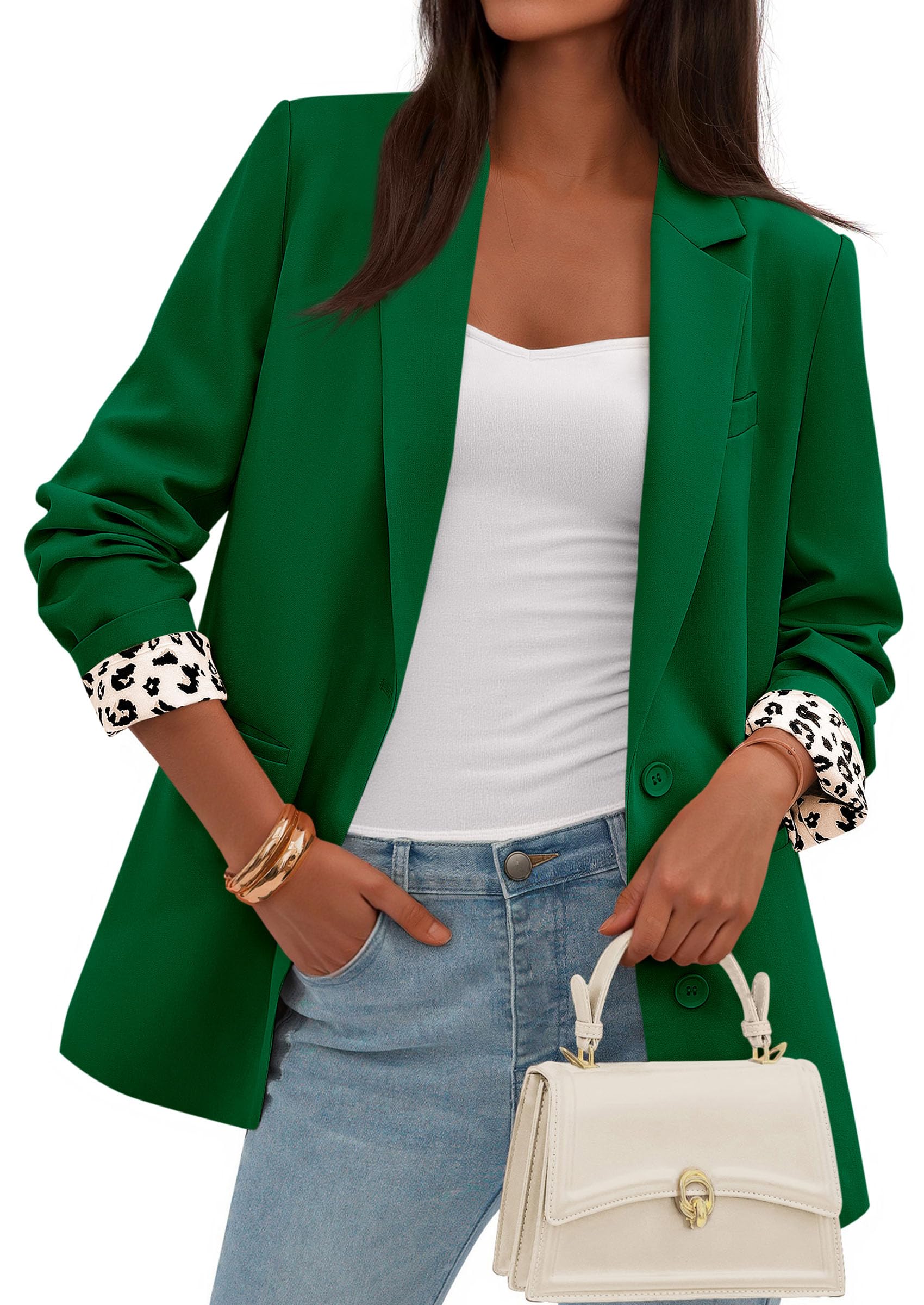 Womens Open Front Leopard Blazers Suit Jackets,Green,S