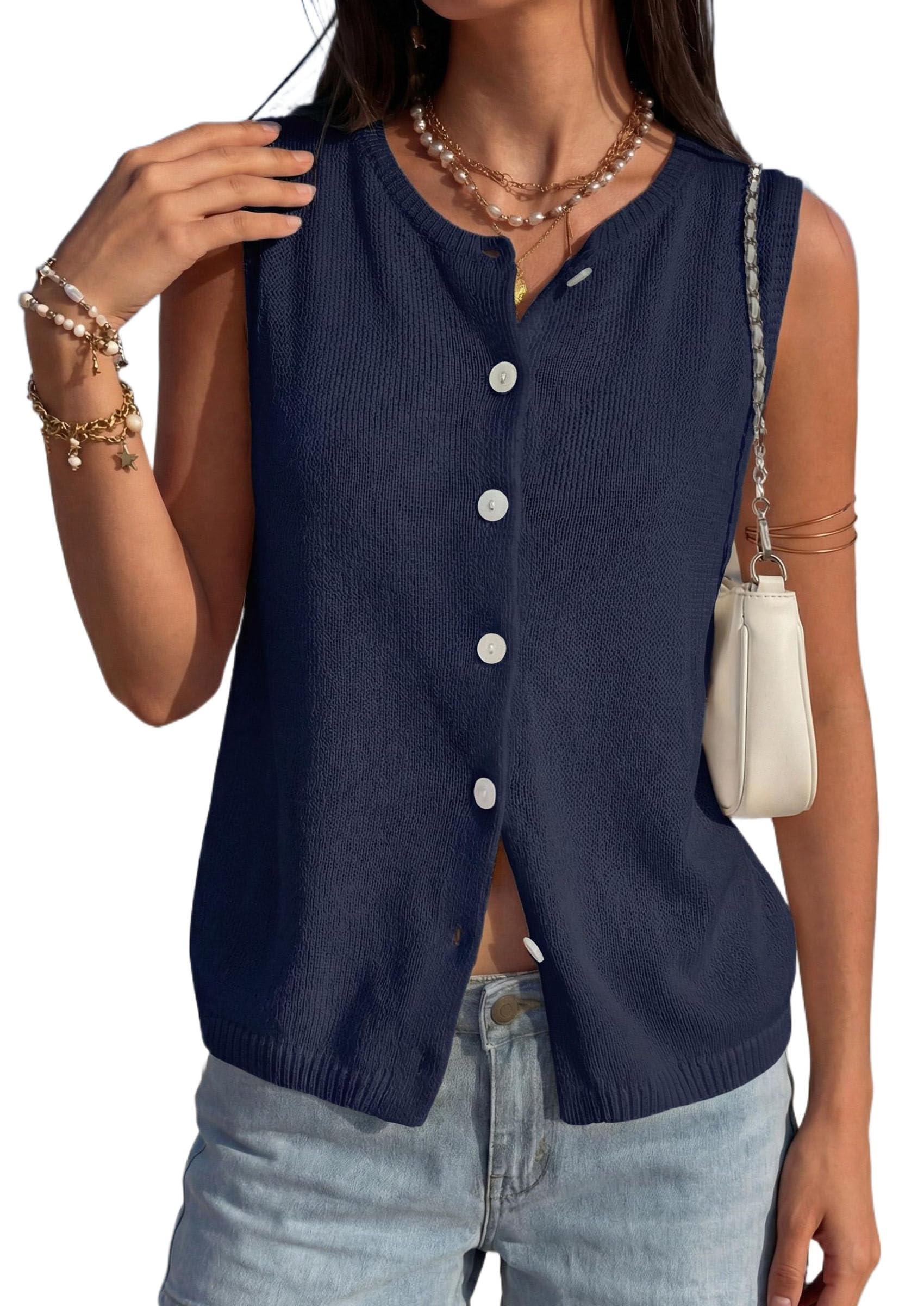 Women's Summer Button Up Sweater Vest Tops,Navy Blue,S
