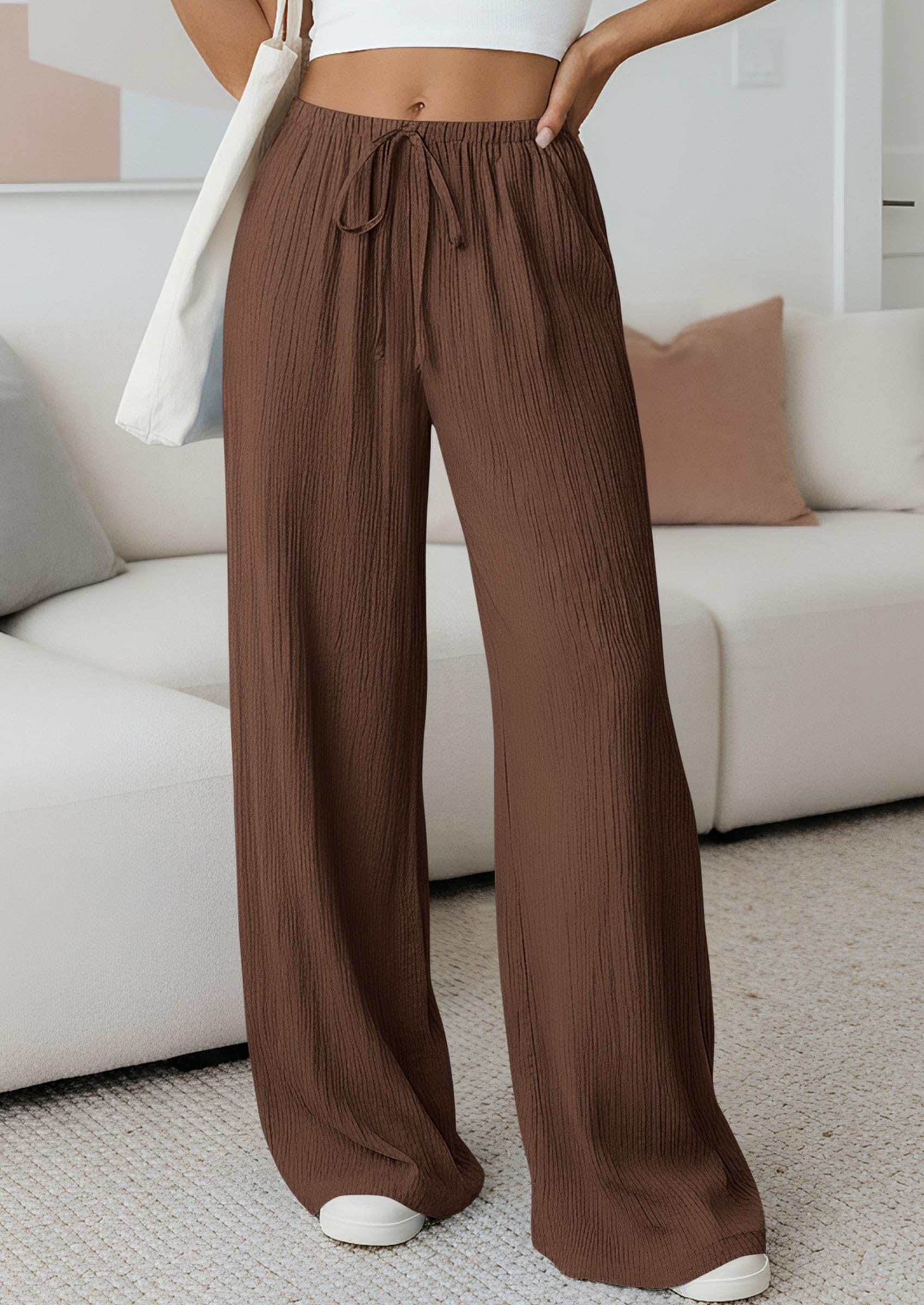 Women's Palazzo Pants Casual Wide Leg Trousers,Brown,M