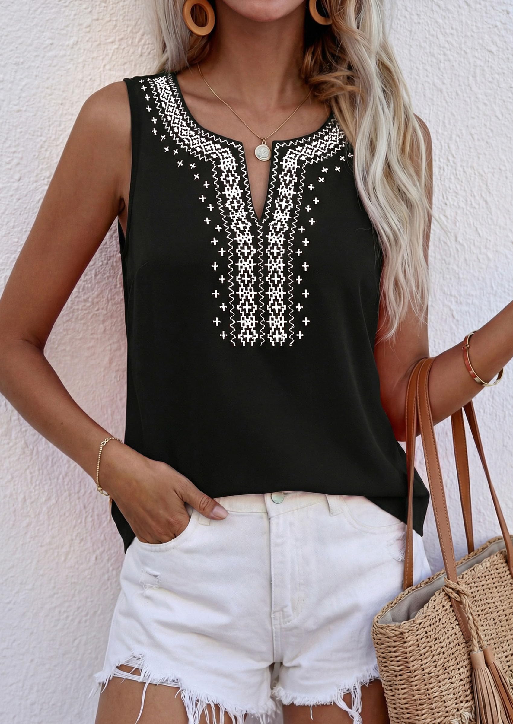 Womens Embroidered Sleeveless Tank Tops Black,S