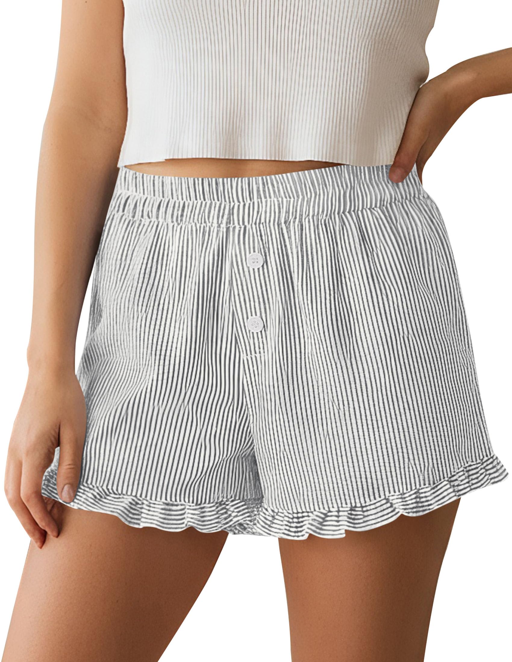 Womens Boxer Shorts Striped Gingham Ruffle Pajama Bottoms