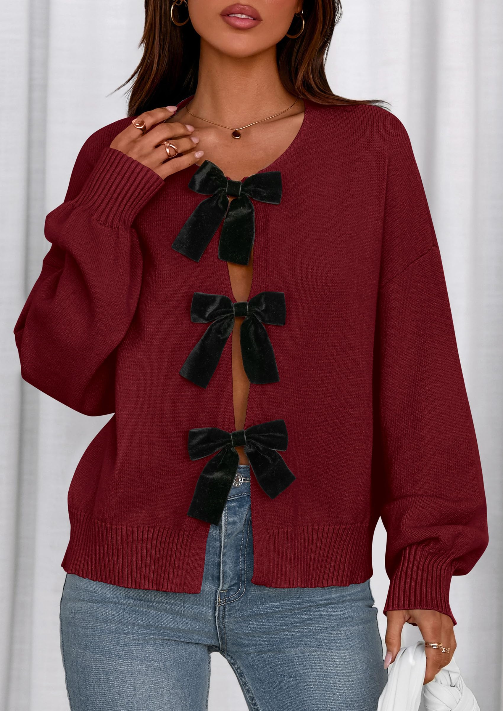 Women's Fall Bow Tie Front Cardigan Sweaters,Red,S