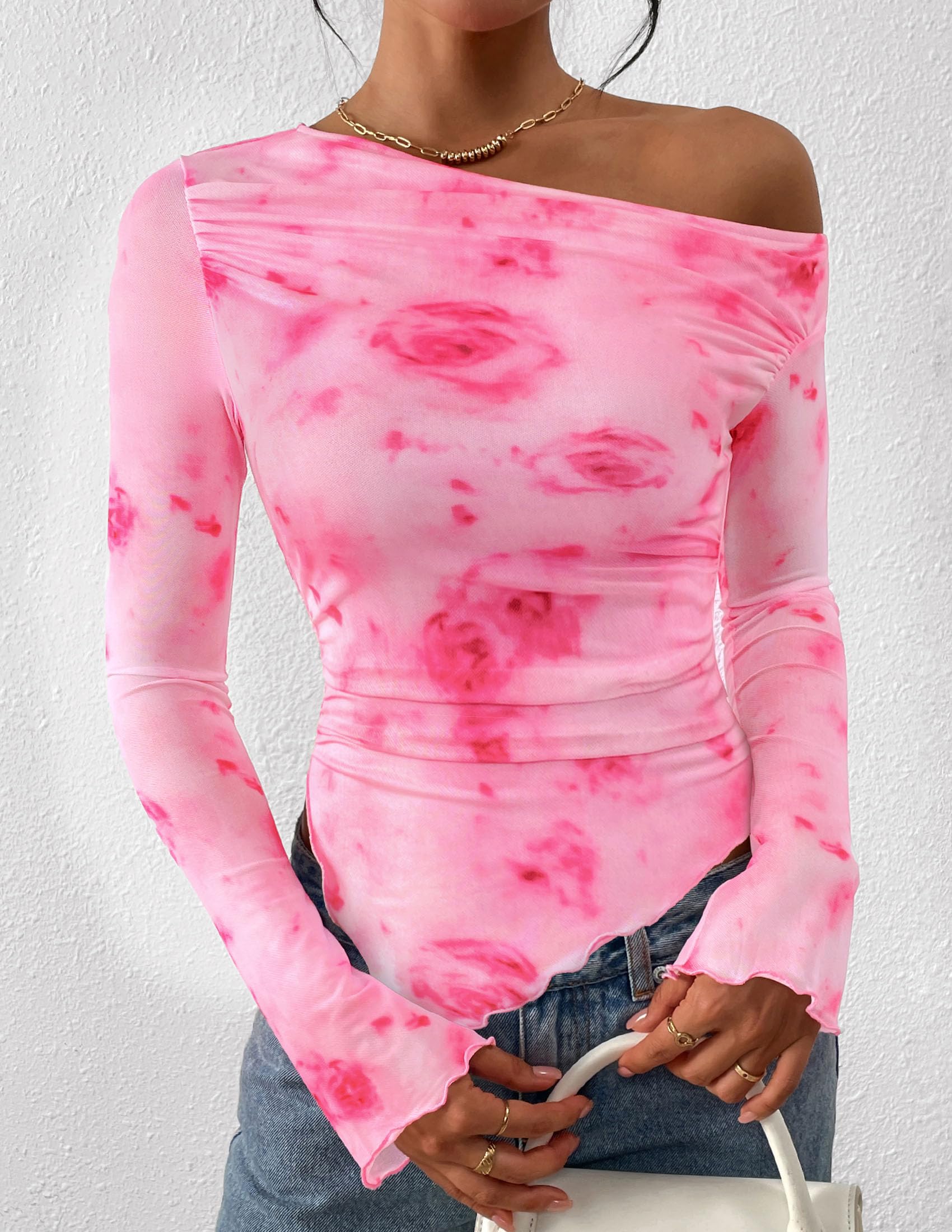 Womens Off Shoulder Mesh Y2k Tops,Floral Pink Red,XS