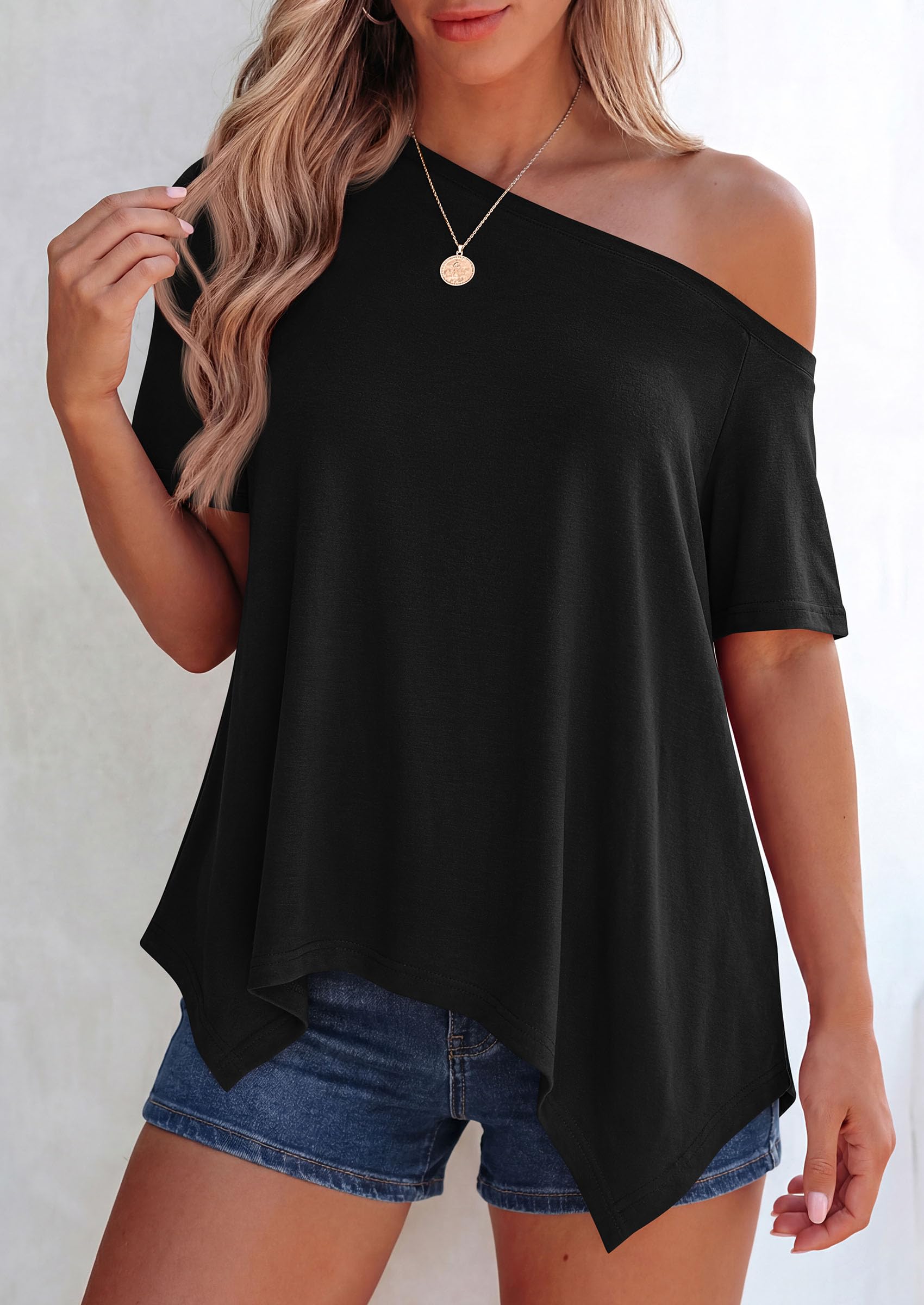 Off Shoulder Tops for Women Oversized Tshirts, Black,S