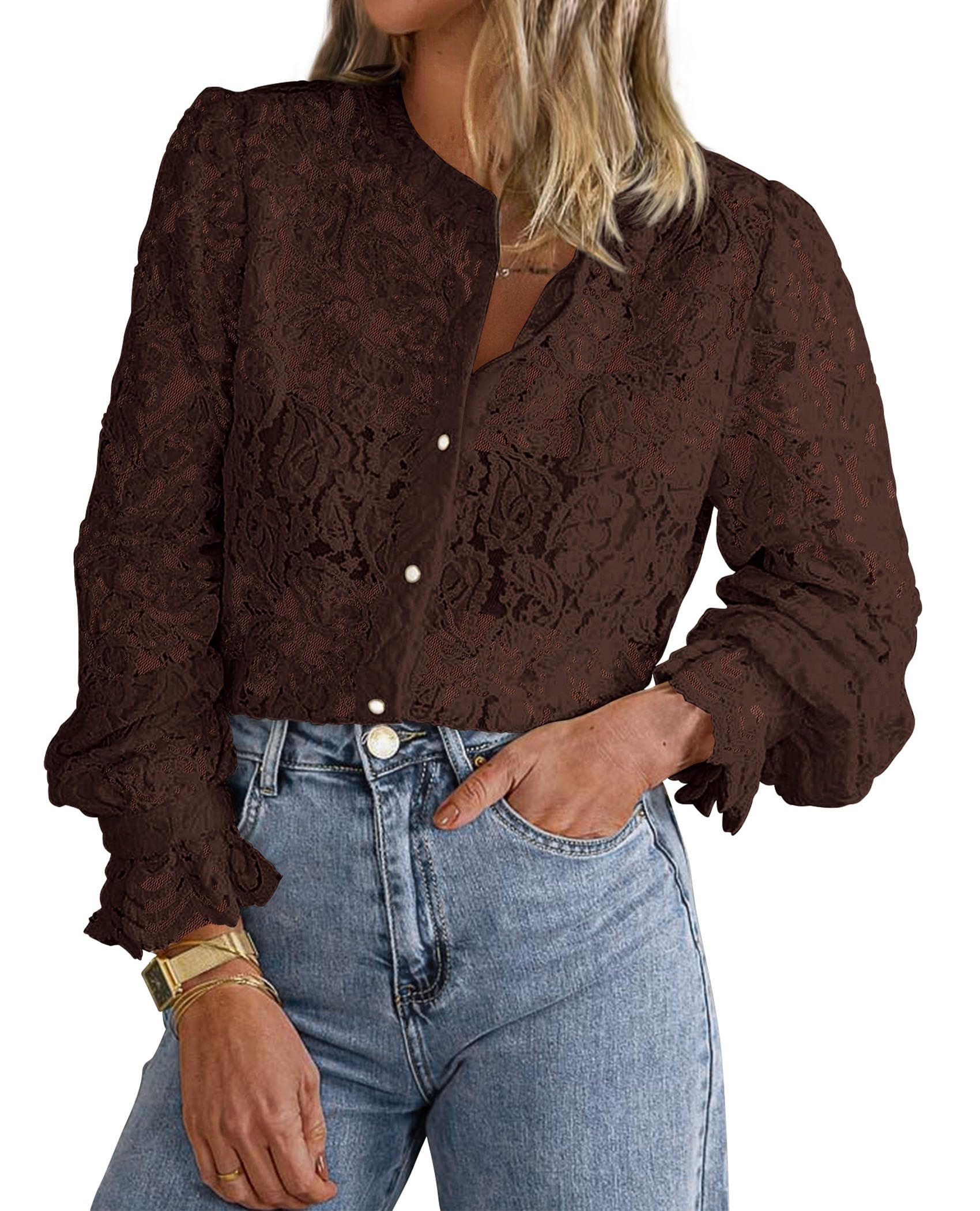 Women's Fall Trendy Long Sleeve Lace Tops(Coffee,Small)