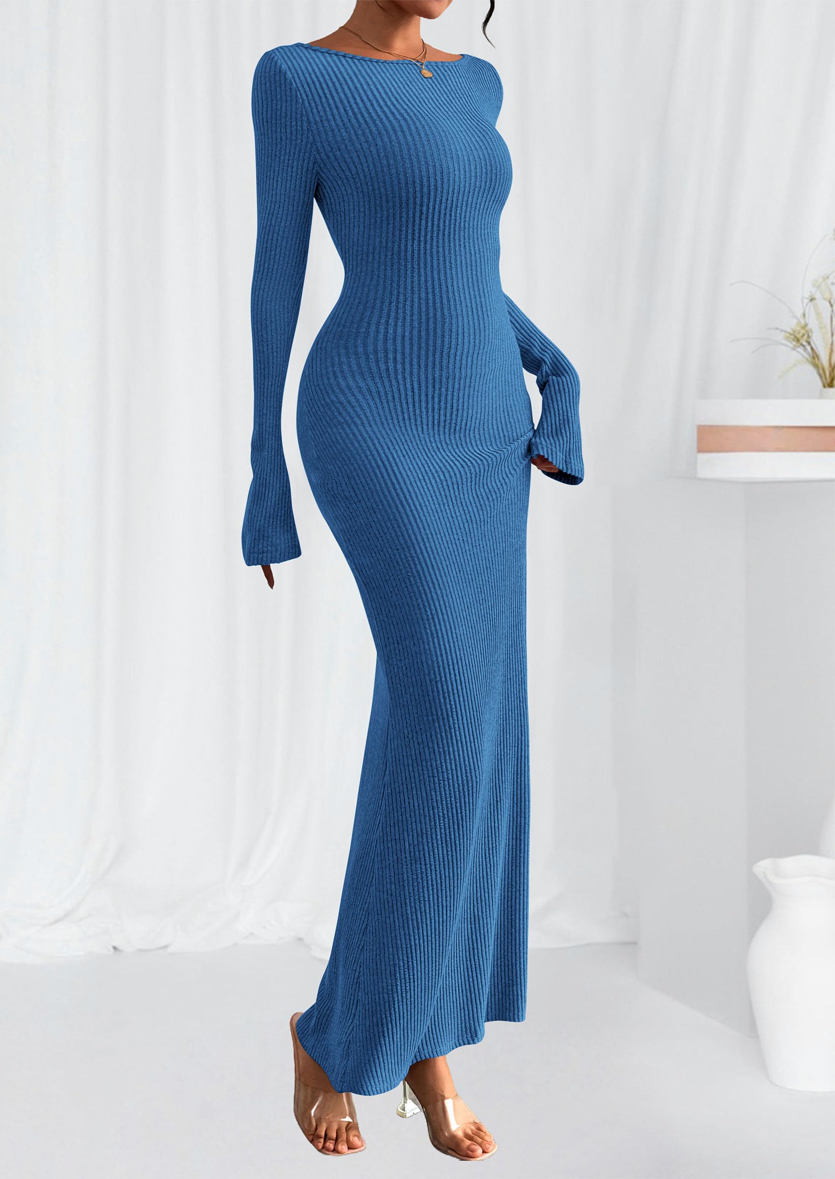 Women's Fall Long Sleeve Bodycon Maxi Dresses (Blue,XS)