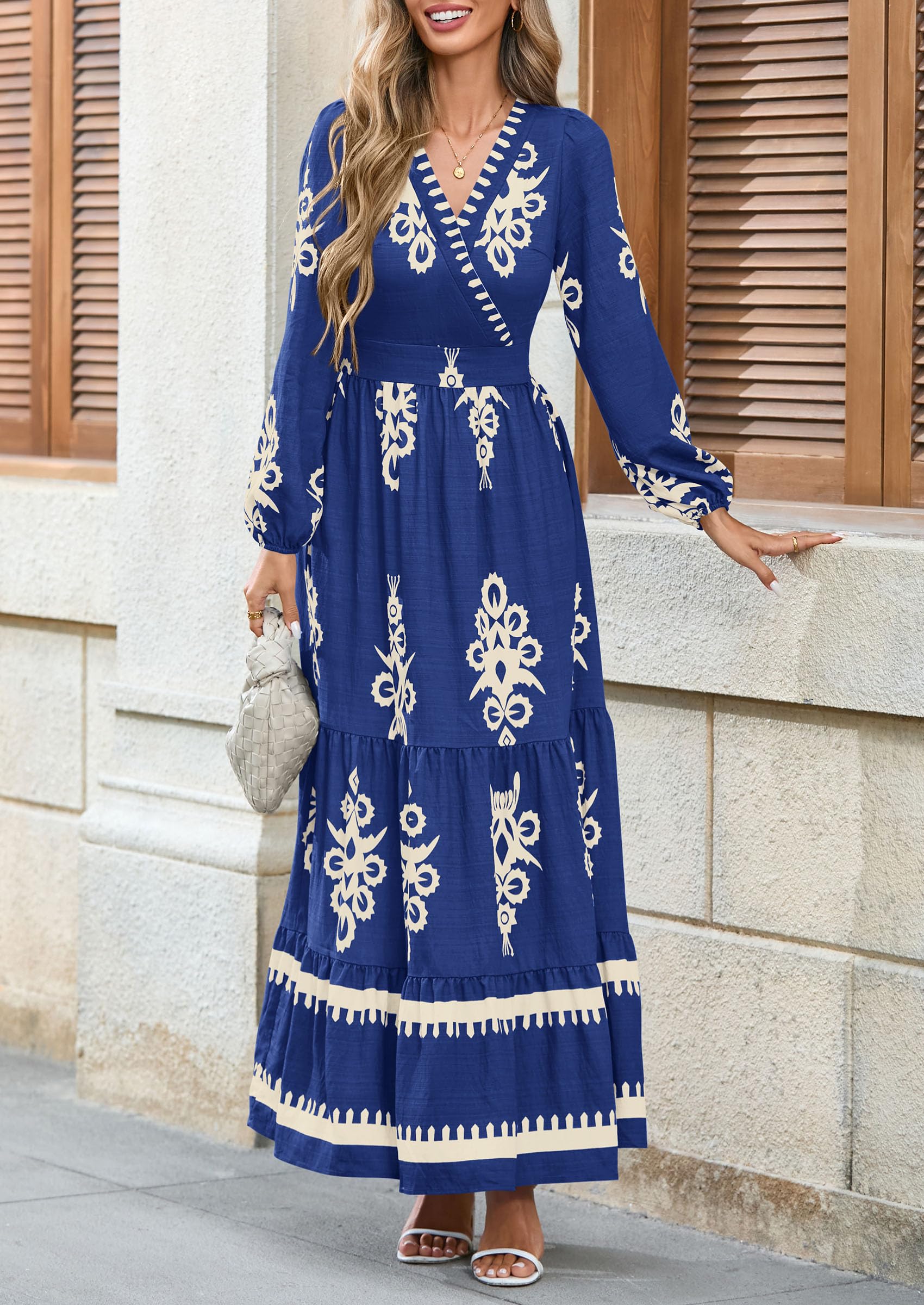 Women's Long Sleeve Floral Boho Maxi Wedding Guest Dress