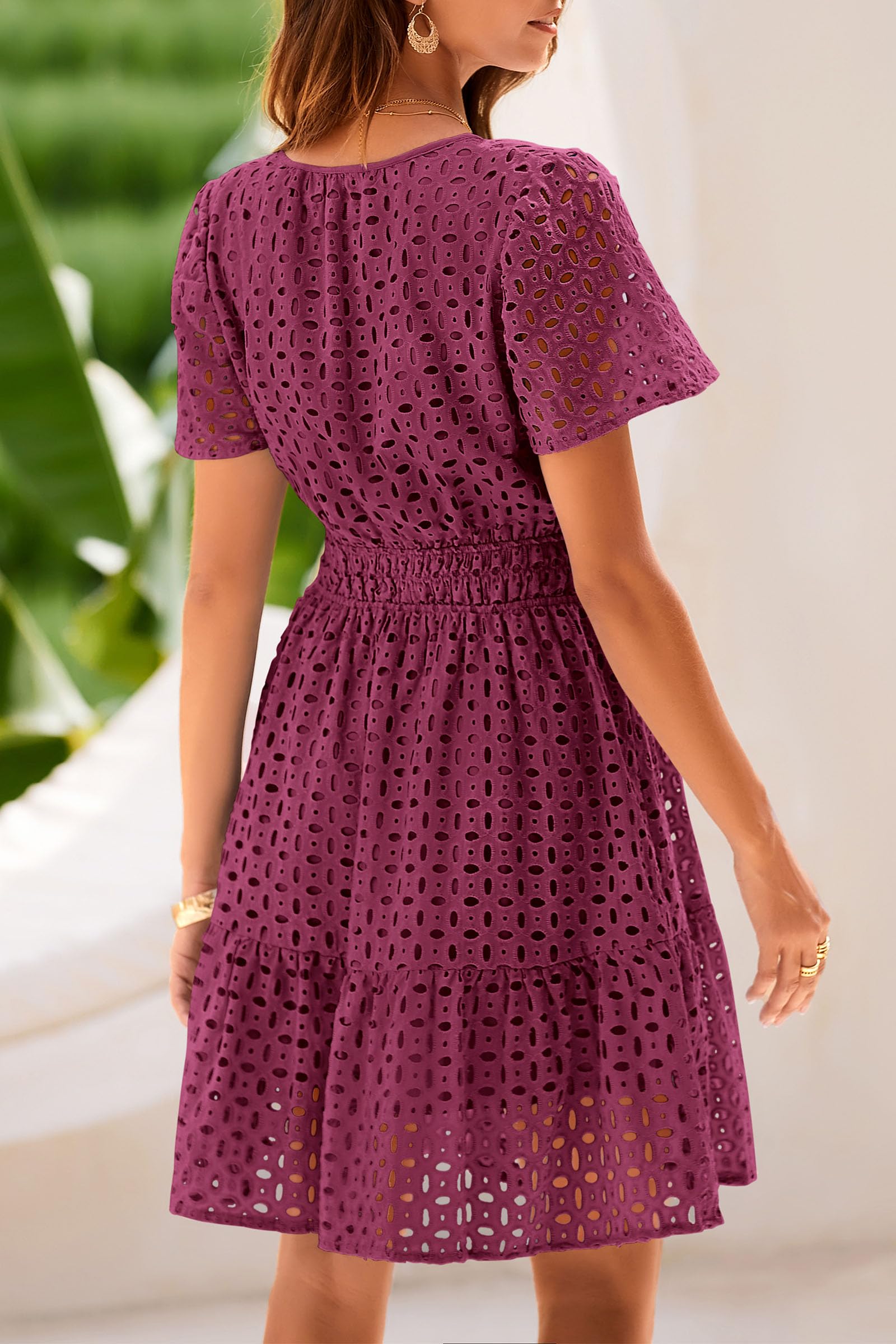Women's Summer Eyelet Lace Short Dresses (Wine Red,S)