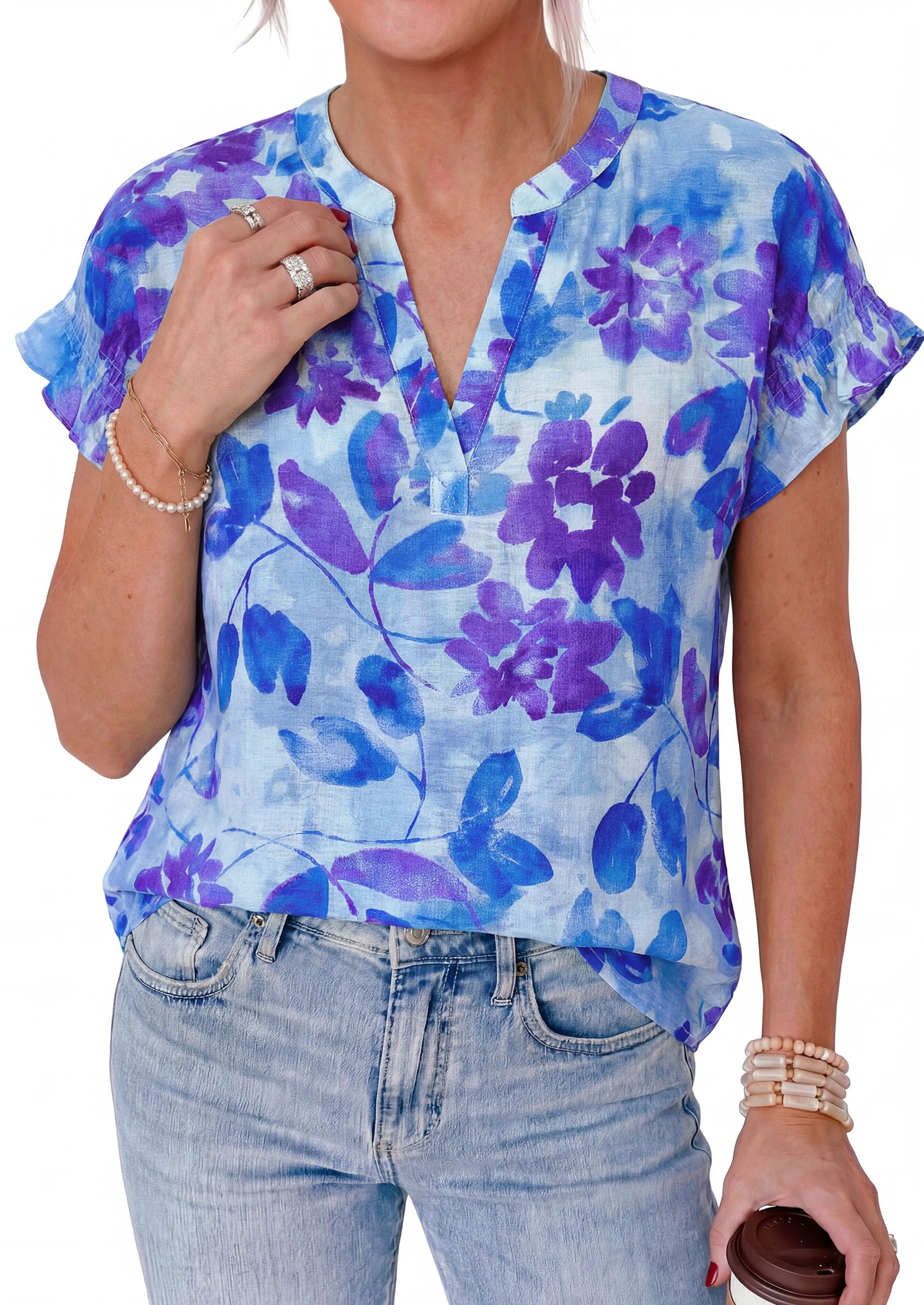 Womens Floral Short Sleeve Blouses,Floral Blue,S