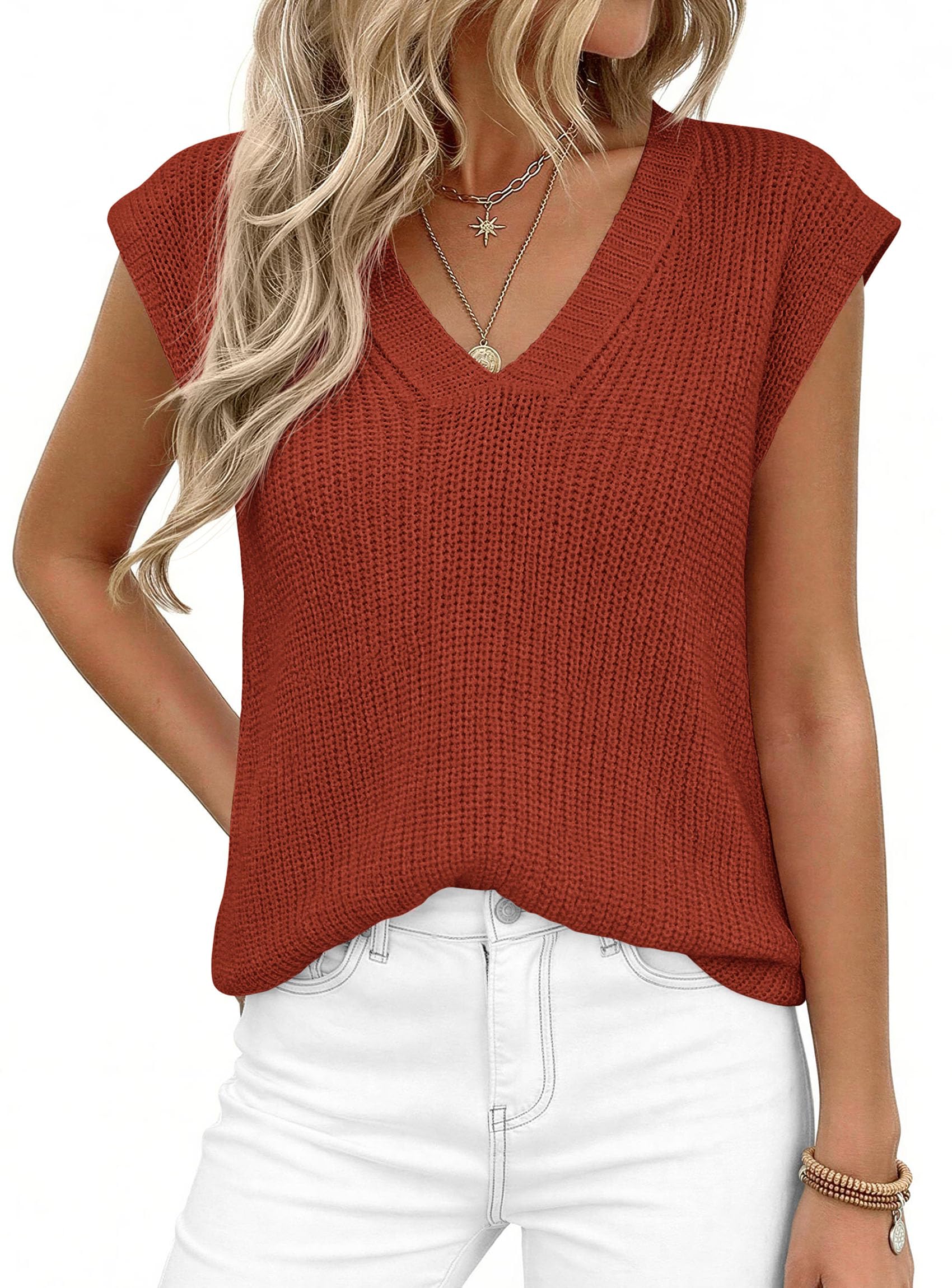 Women's Cap Sleeve Sweaters Vest Summer Tops (Rust Red,S)