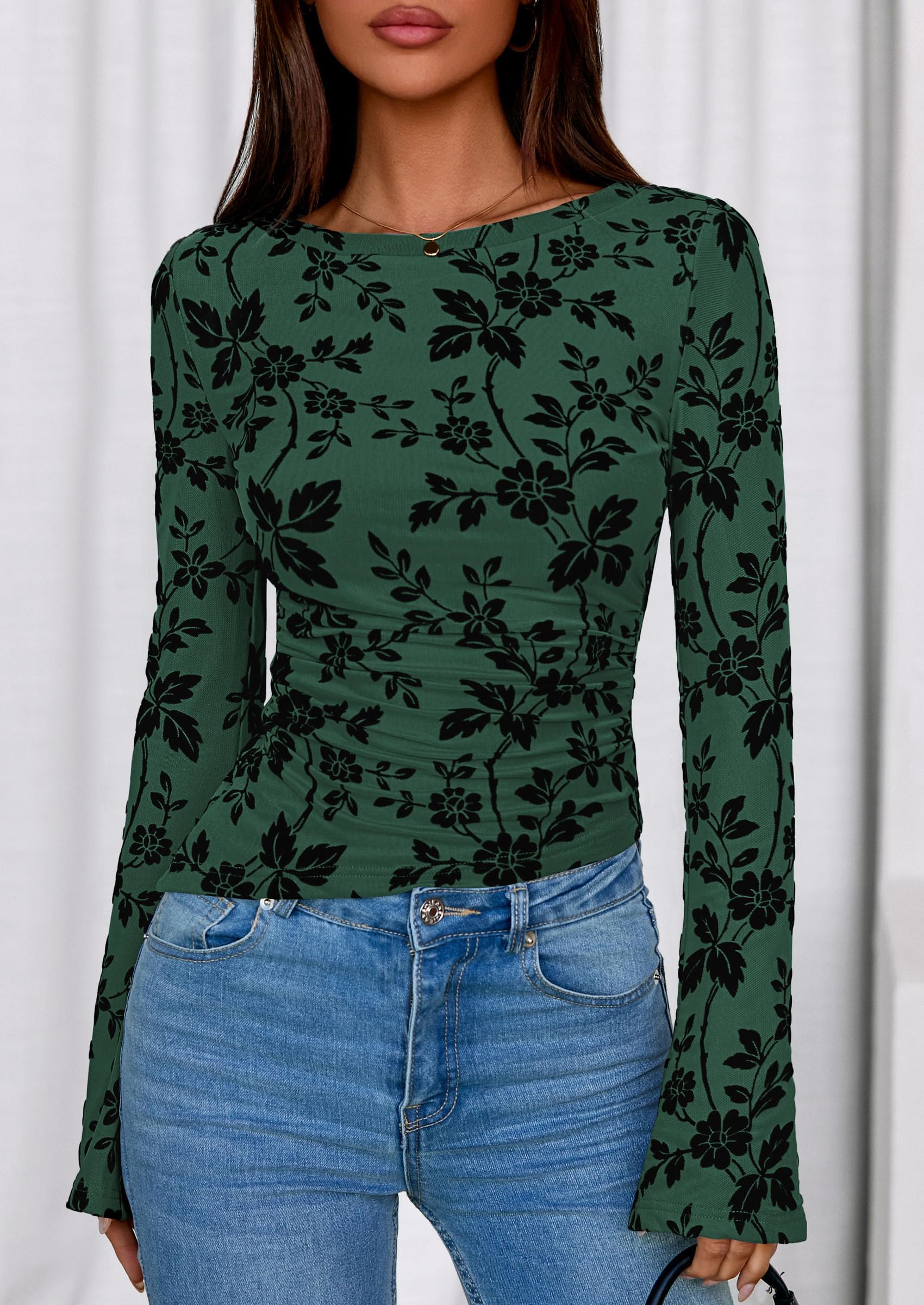 Women's Long Bell Sleeve Y2K Tops Boho Floral Mesh Blouses