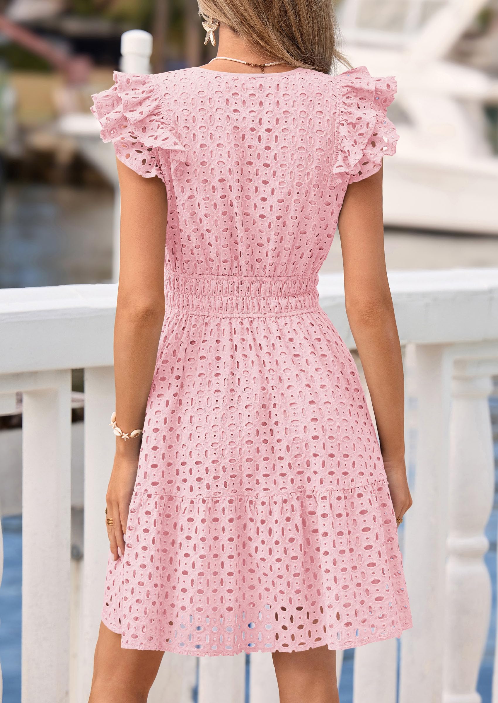 Women's Summer V Neck Eyelet Short Dress (Pink,Small)