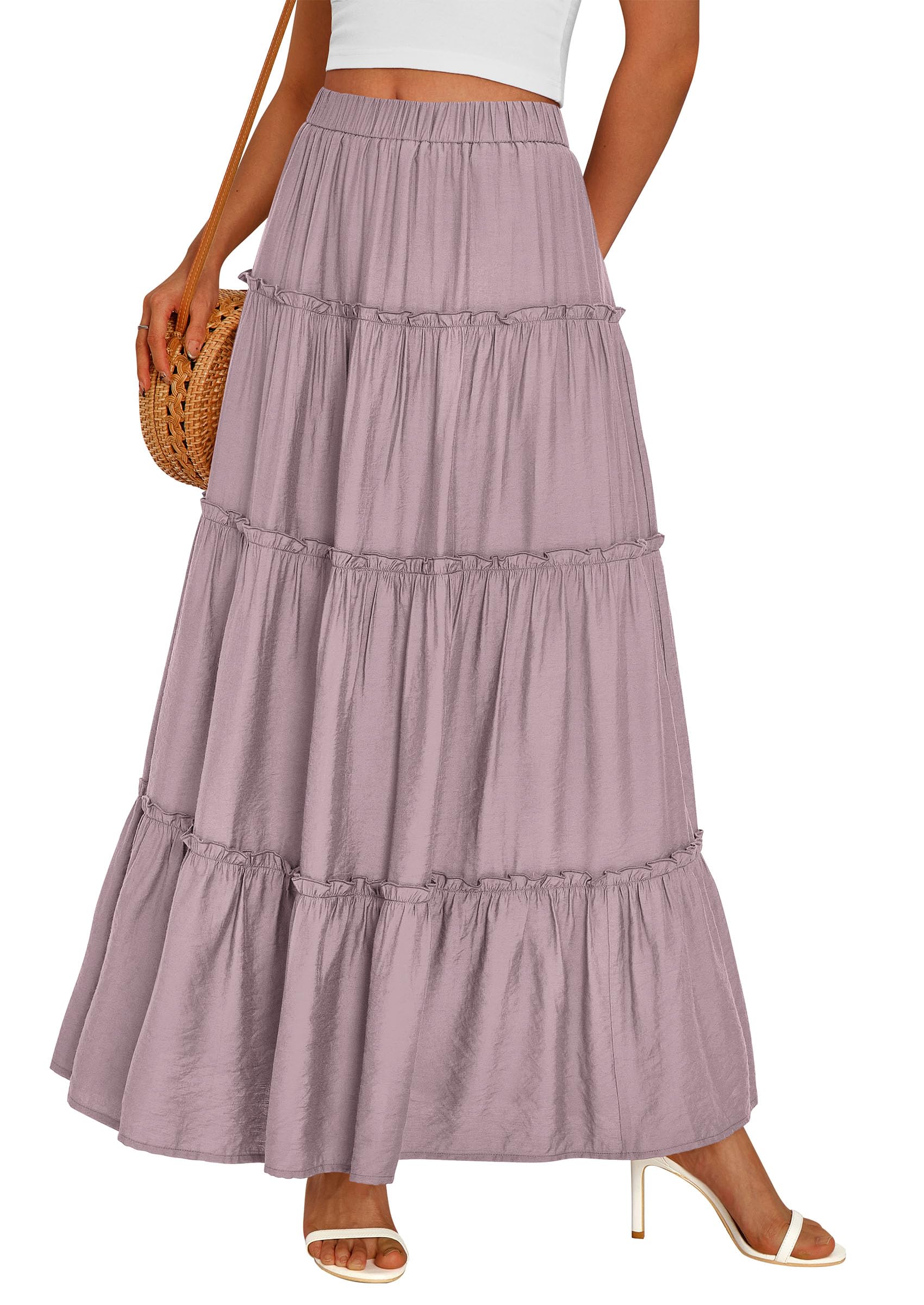 Women's Boho Tiered Ruffle Flowy Maxi Skirt, Purple,S