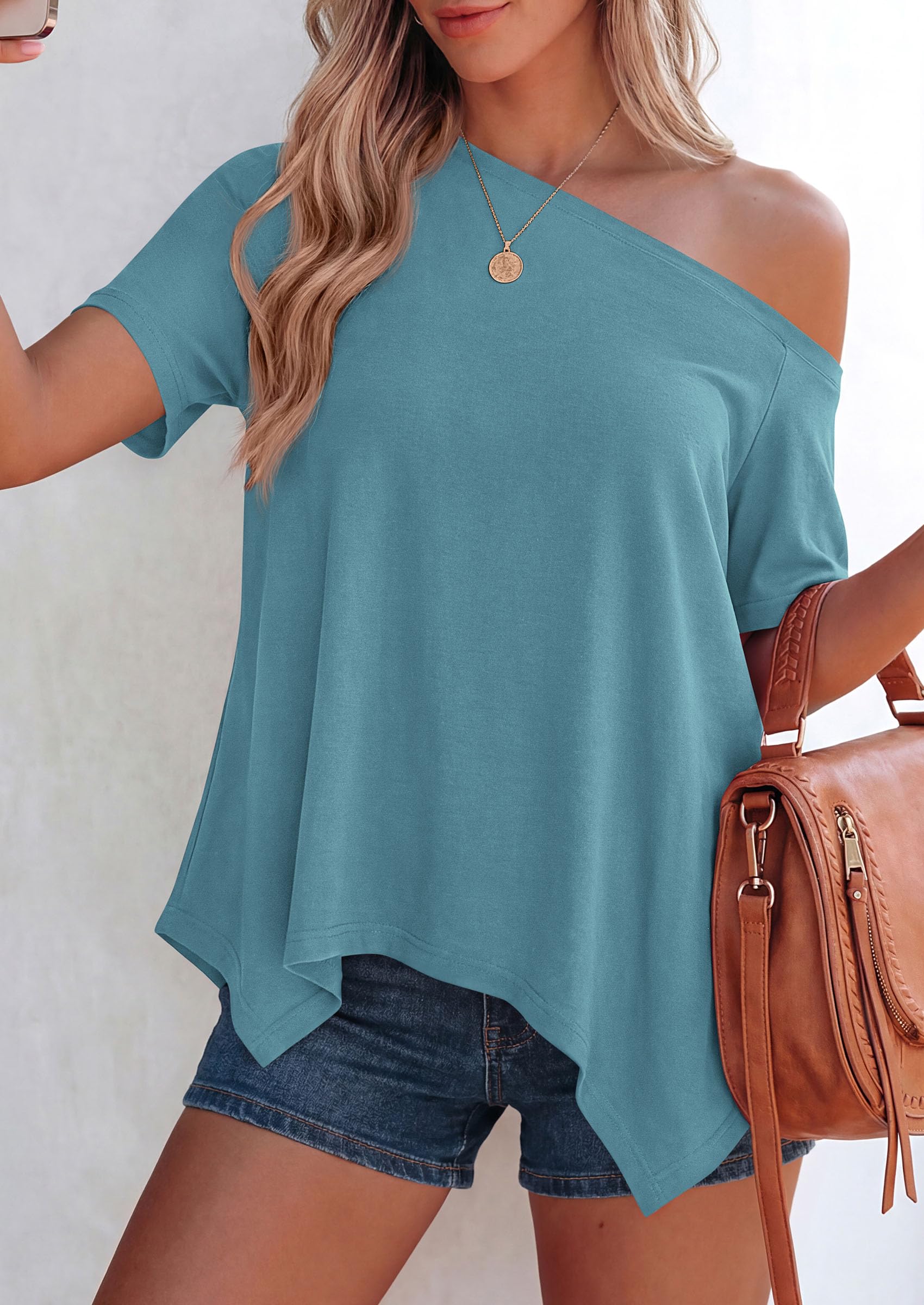 Off Shoulder Tops for Women Oversized Tshirts, Blue Green,S