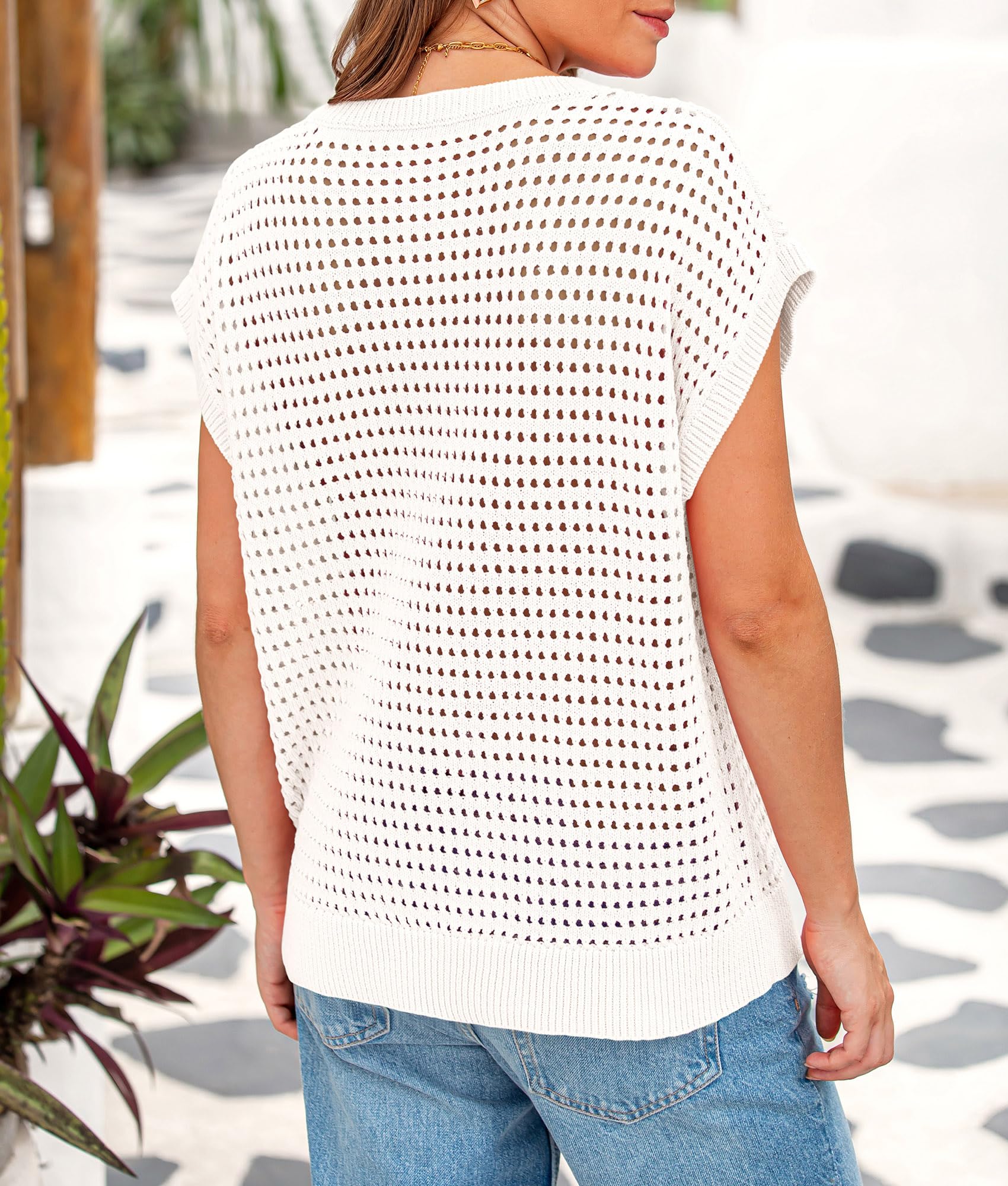 Women's Summer Crochet Cap Sleeve Sweater Tops,White,S