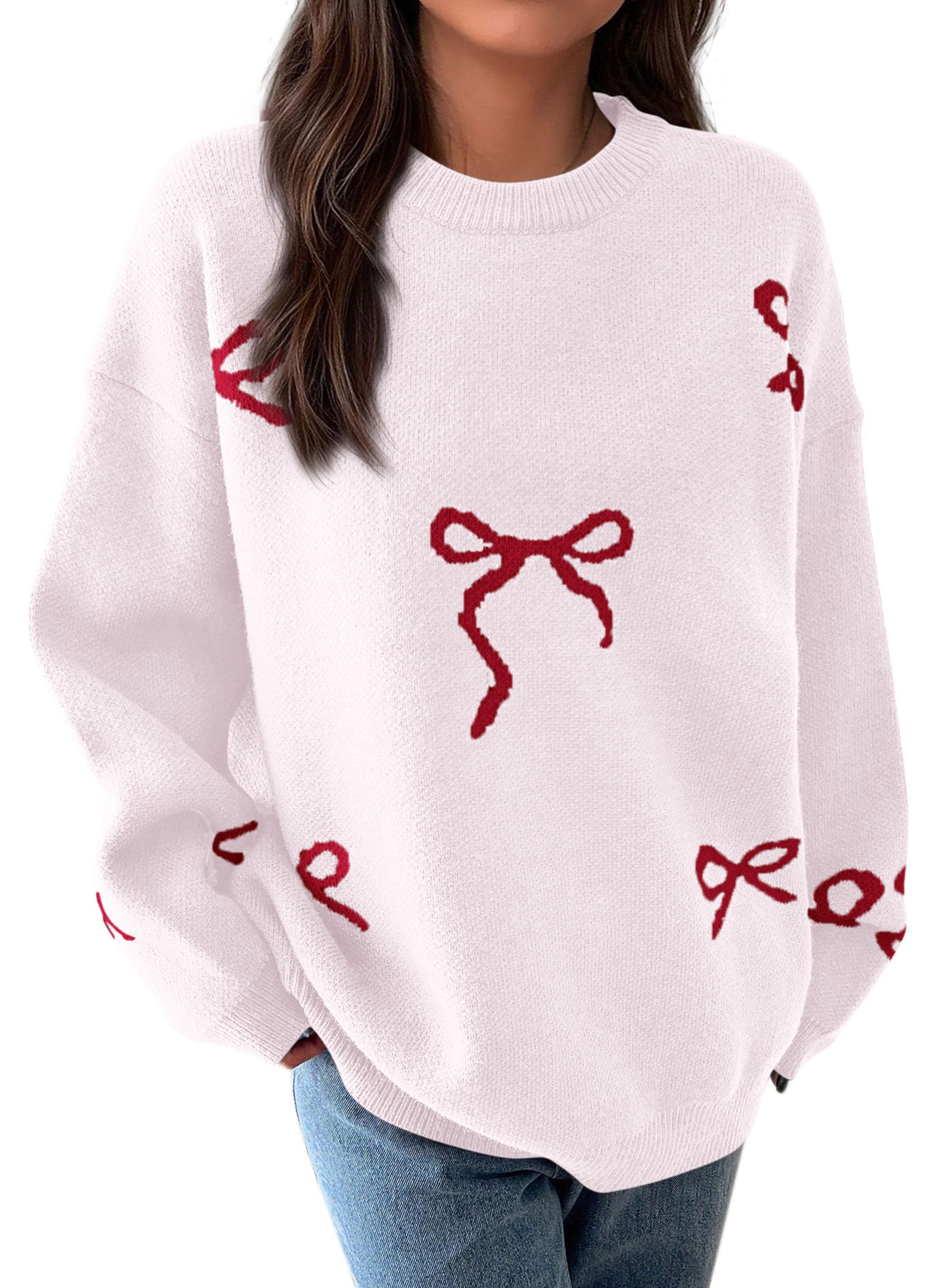 Fall Long Sleeve Pullover Sweaters for Women 2026 Trendy Crewneck Casual Cute Bow Chunky Knit Oversized Sweater (White,Small)
