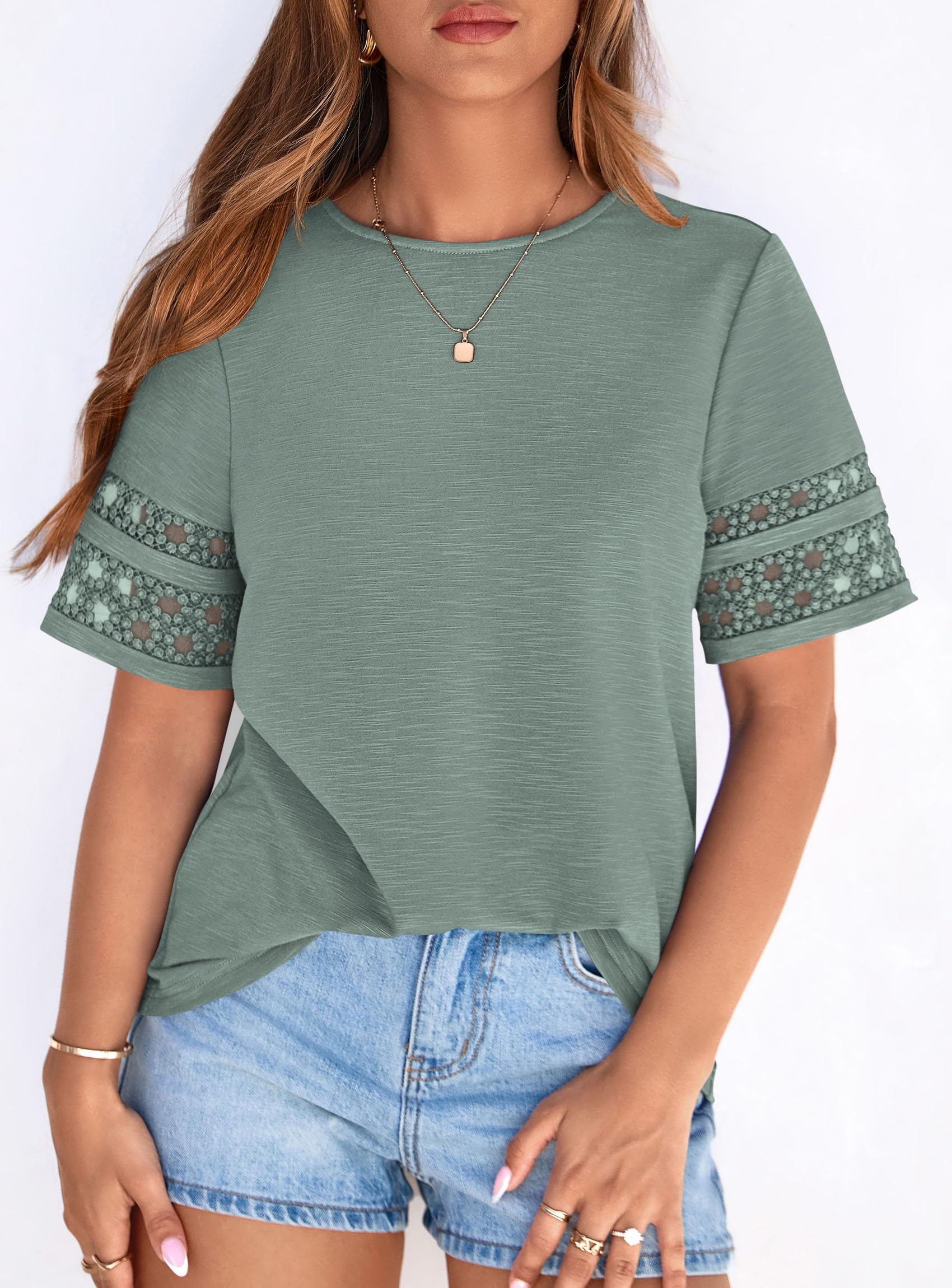 Women's Summer Short Sleeve Lace Trim T-Shirts,Sage Green,M