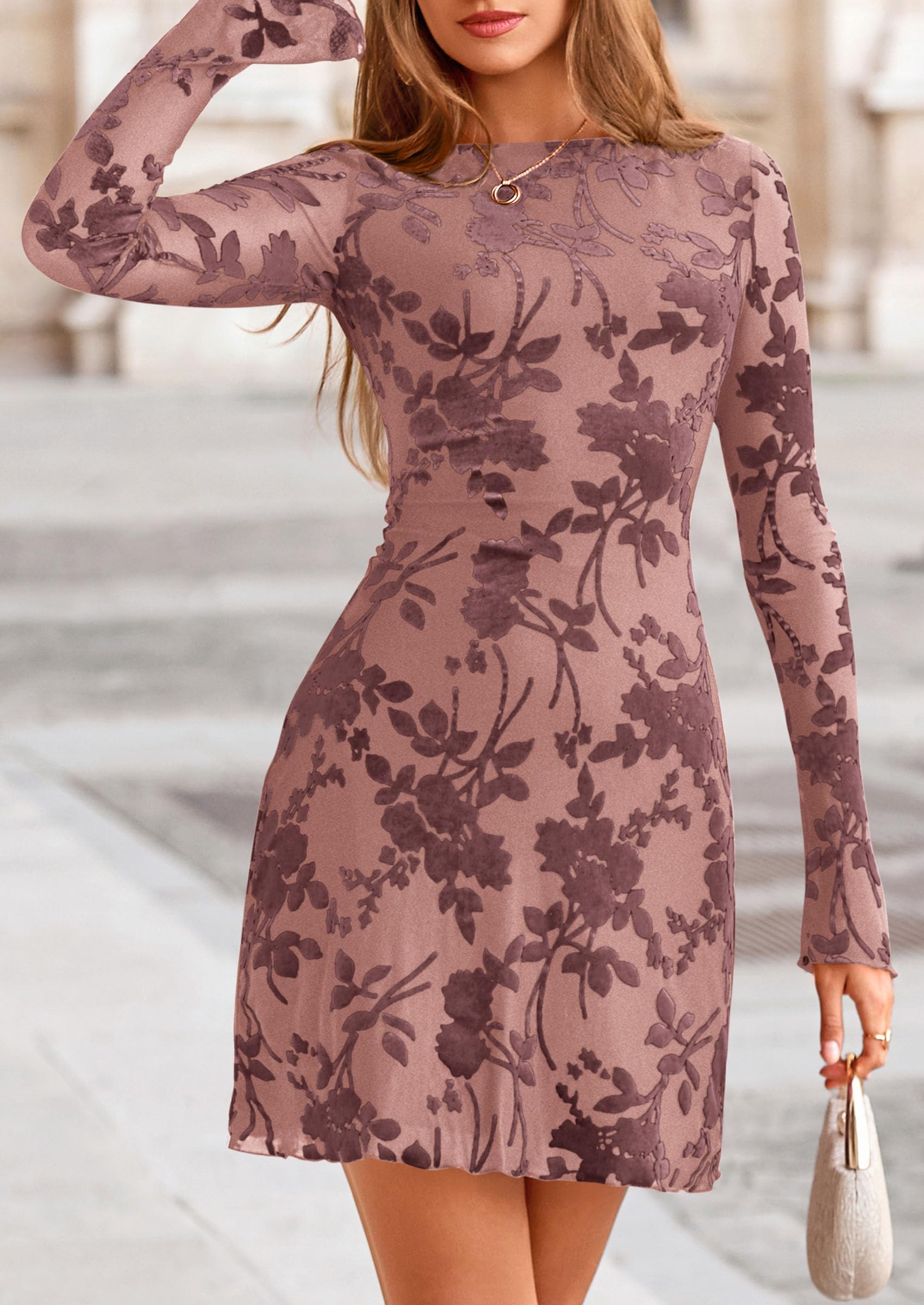 Women's Fall Floral Long Sleeve Mini Dress (Dusty Pink,XS)