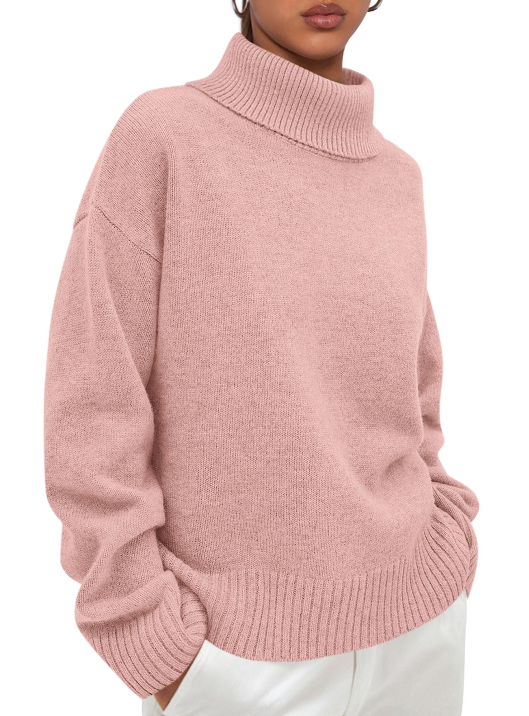 Womens Turtleneck Long Sleeve Knit Sweater,Pink,S