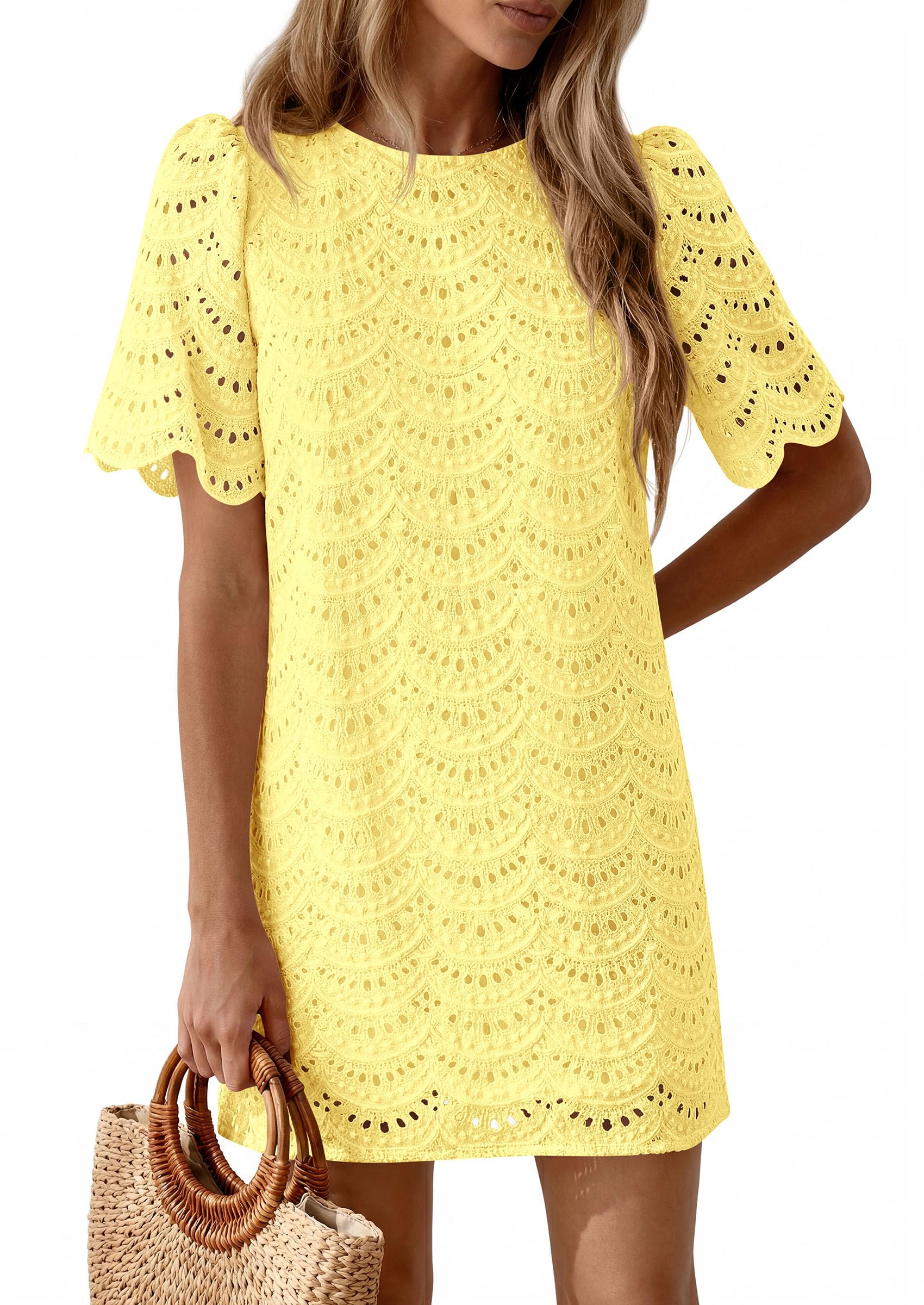 Women's Summer Eyelet Lace Short Dress (Yellow,S)