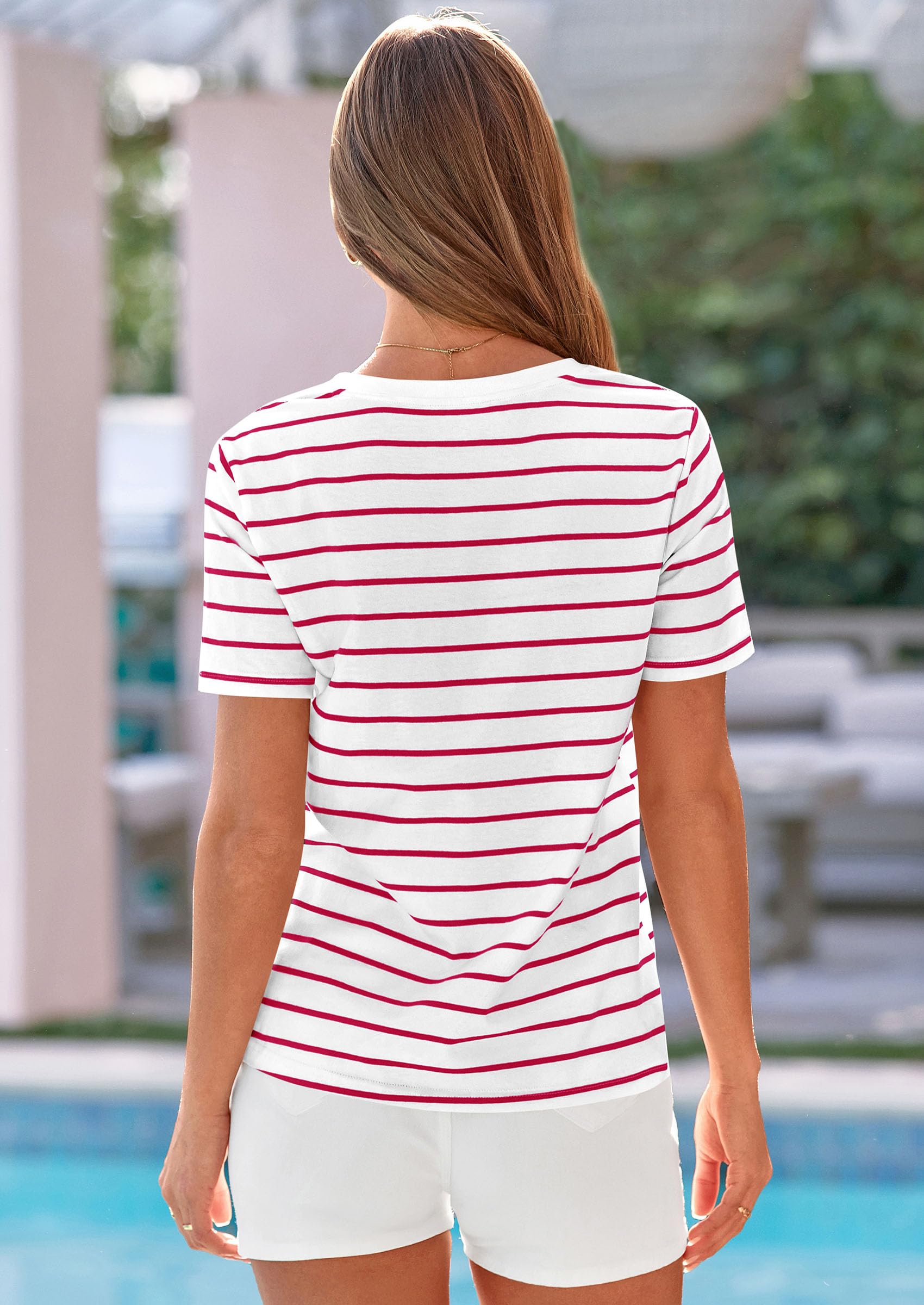 Striped Short Sleeve Womens Tops,Striped White Red,S