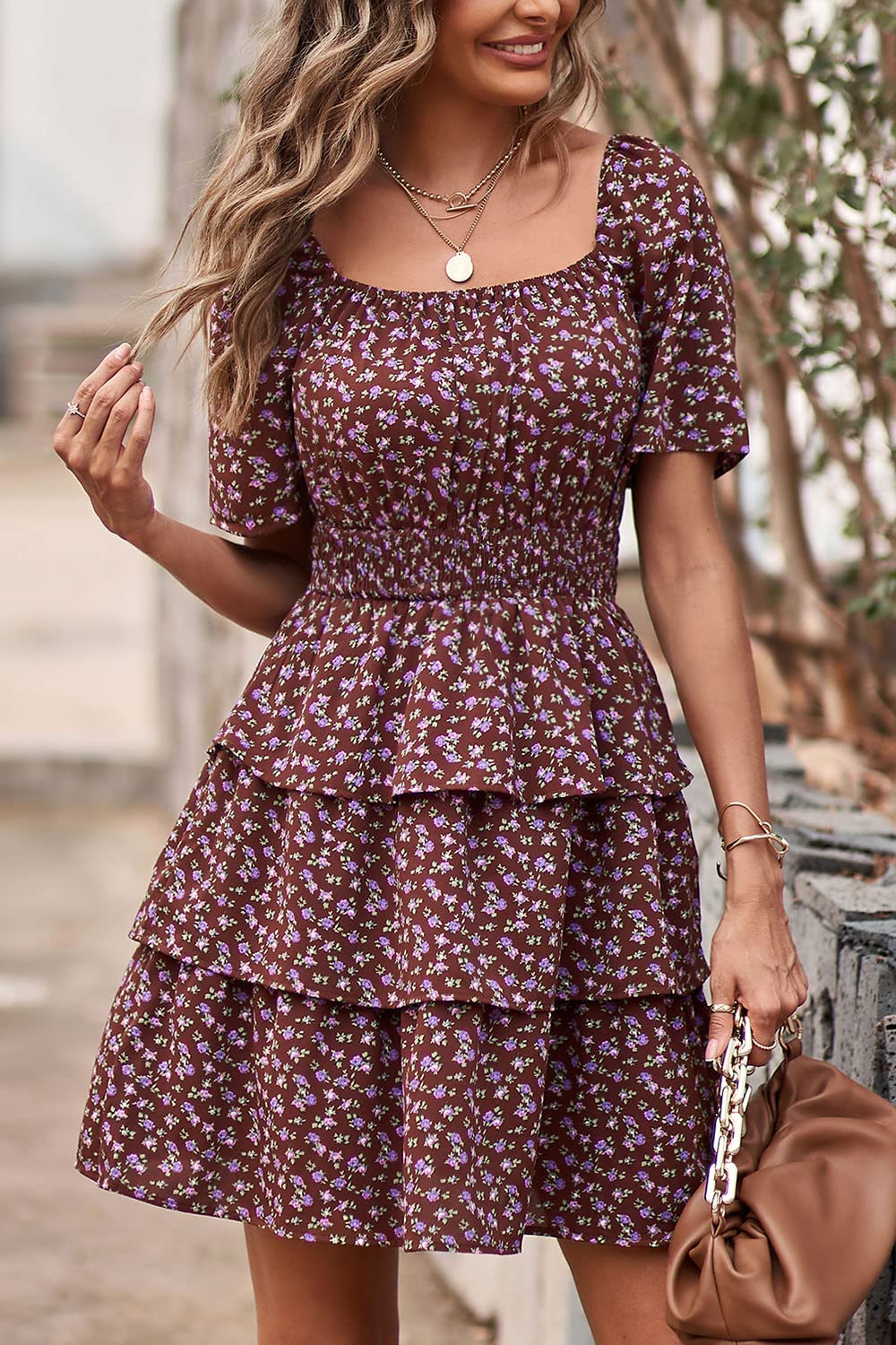 Women's Summer Floral Ruffle Short Dress Coffee,S