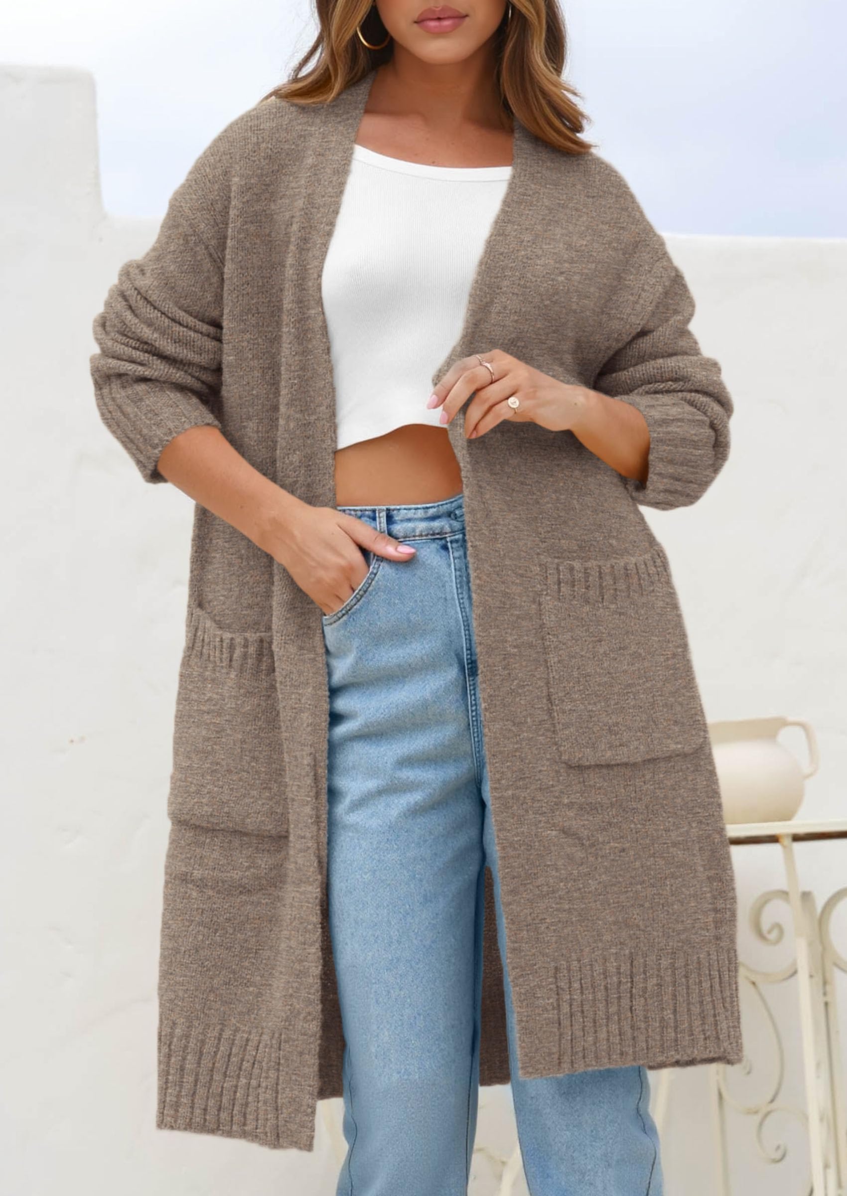 Open Front Cardigan Sweaters for Women,Brown,S