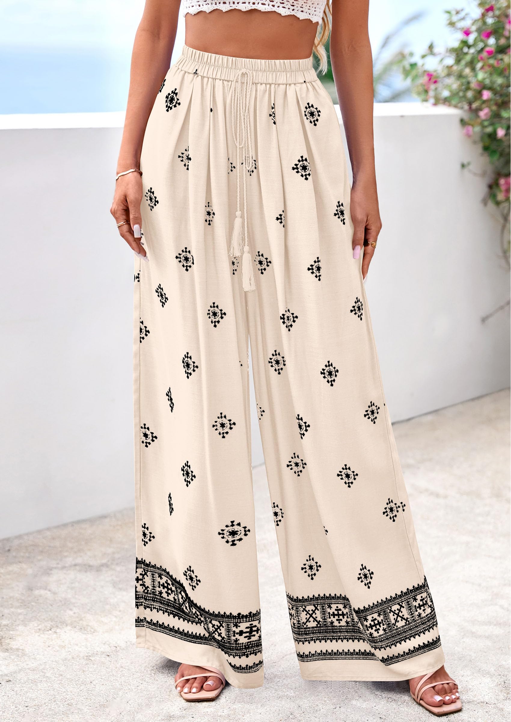 Wide Leg Flowy Boho Pants for Women, Apricot Black,S
