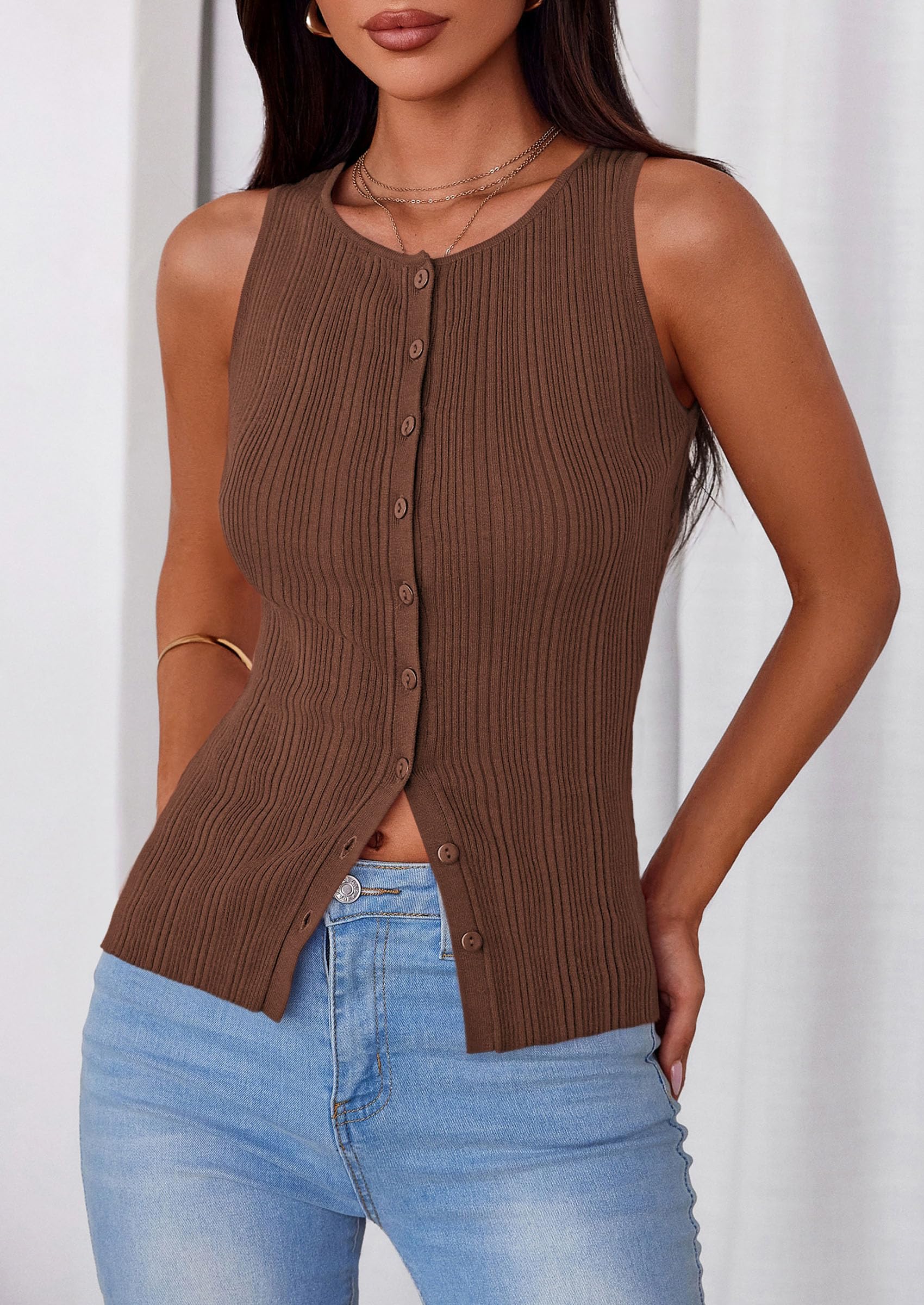 Sleeveless Button Down Shirts for Women Summer 2026 Going Out Ribbed Knit Tank Tops Y2K Clothes Trendy Vest Tops Brown