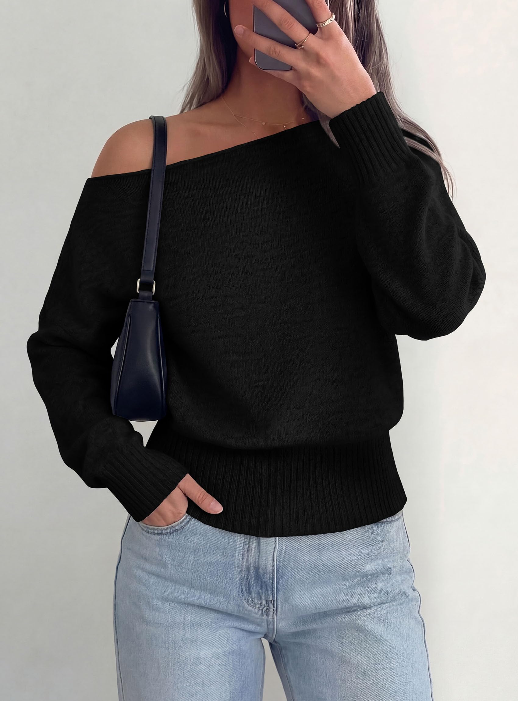 Womens Off The Shoulder Sweater Fall Fashion,Black,S