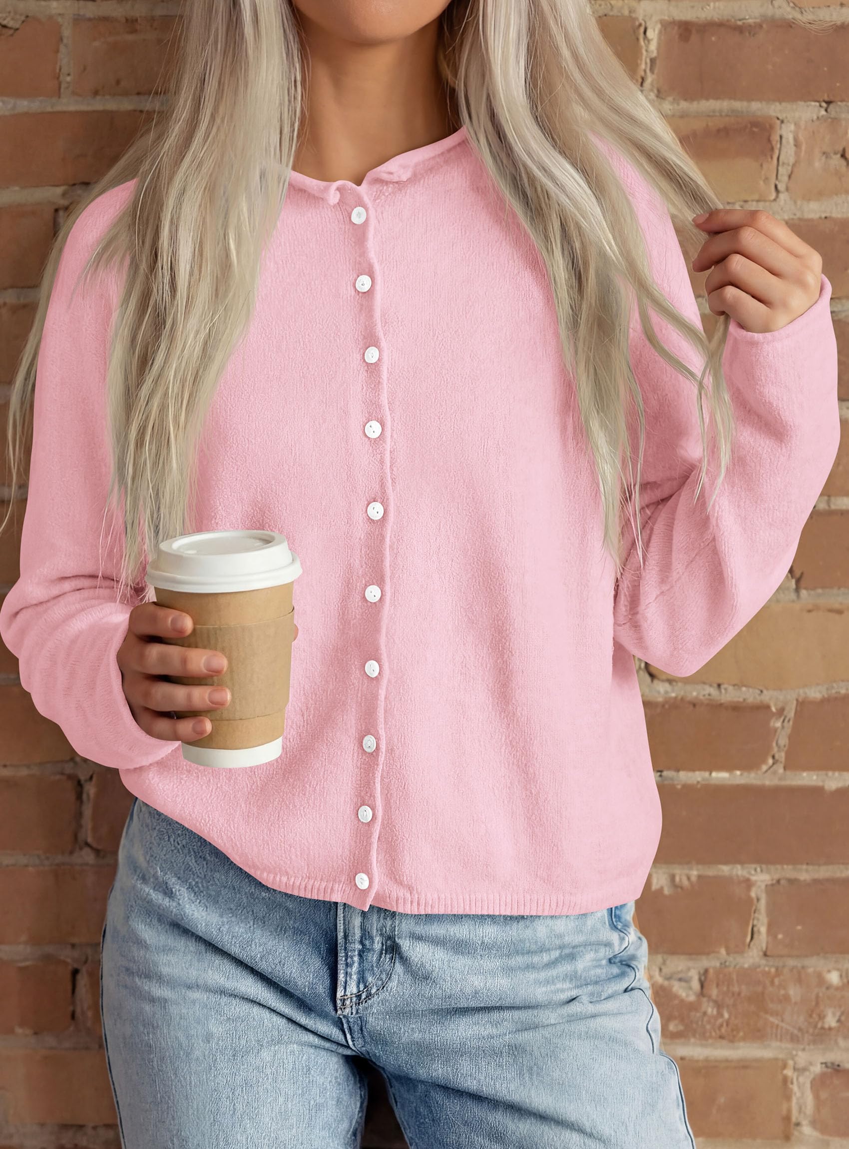 Button Up Cardigan for Women Knit Oversized Fall Sweaters Pink