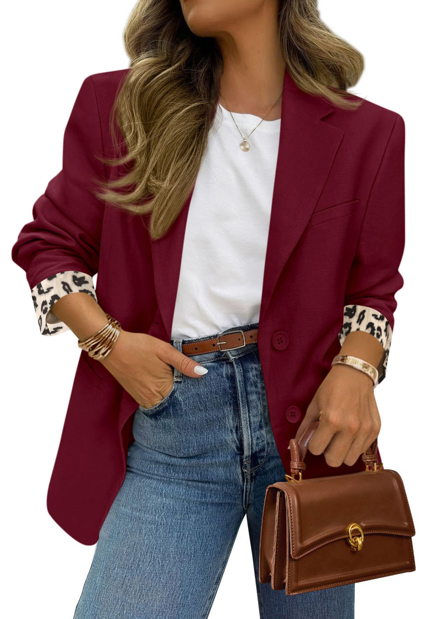 Womens Open Front Leopard Blazers Suit Jackets,Burgundy,S