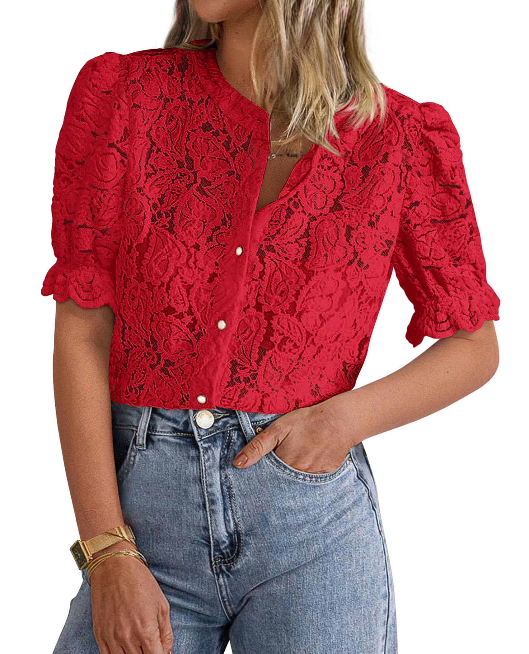 Womens Lace Tops Button Down Short Sleeve Shirts,Red,S