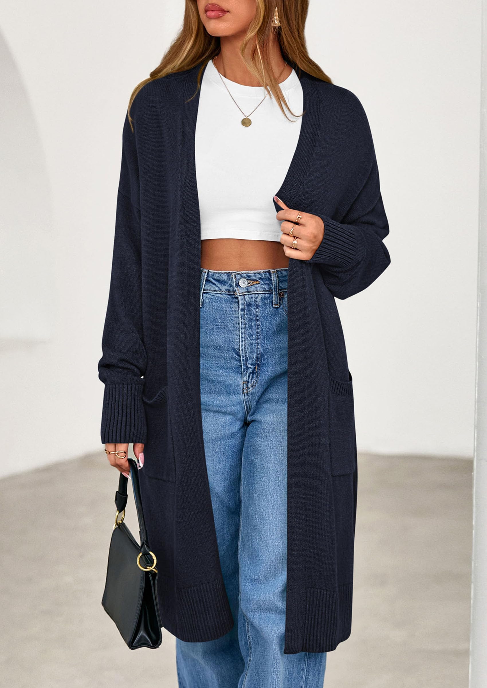 Women's Oversized Open Front Long Knit Cardigan,Navy,S