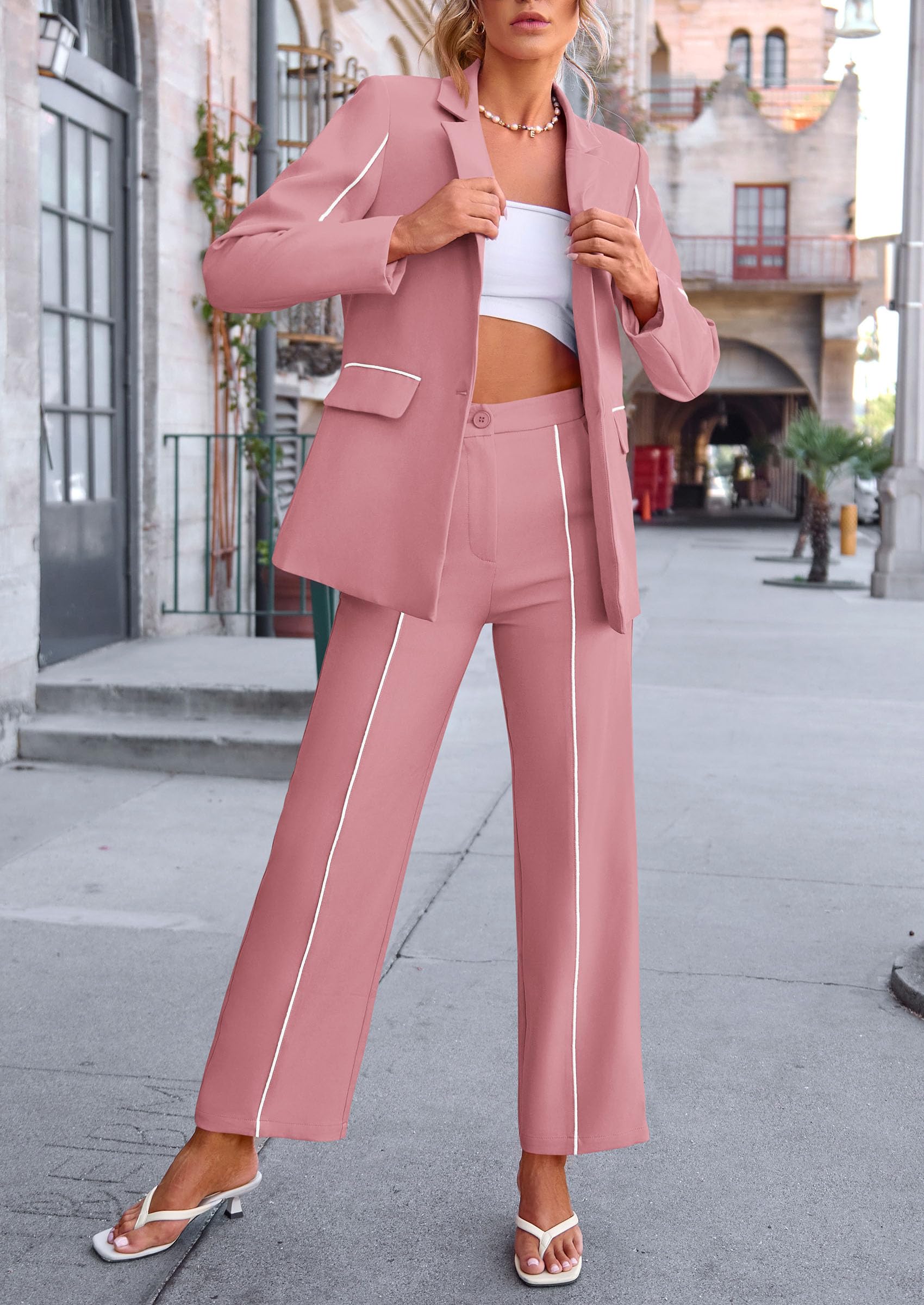 Women's 2 Piece Blazer Business Casual Outfits(Pink,S)