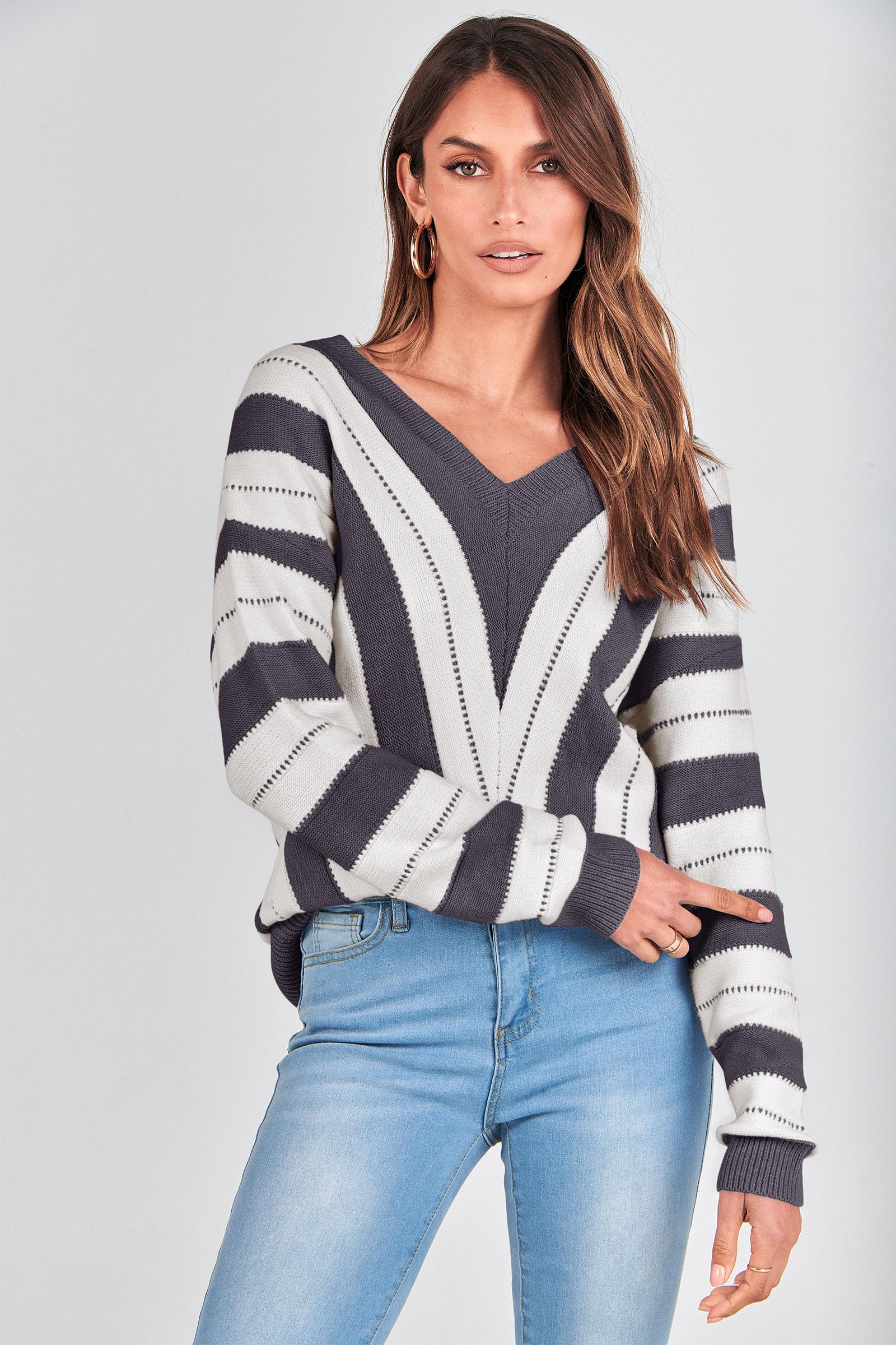 Women's V Neck Striped Knit Pullover Sweater