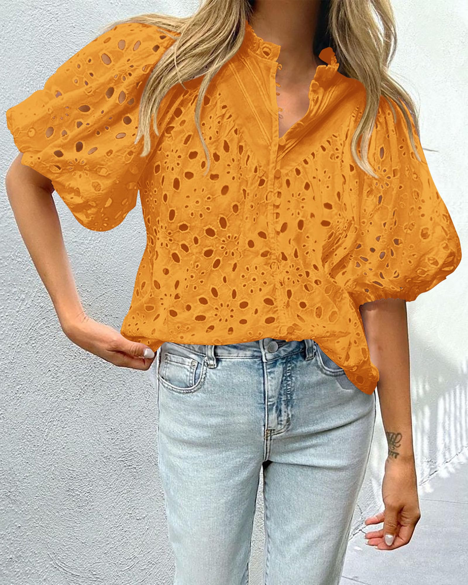 Womens Tops Boho Eyelet Puff Sleeve Blouse, Orange Yellow,L