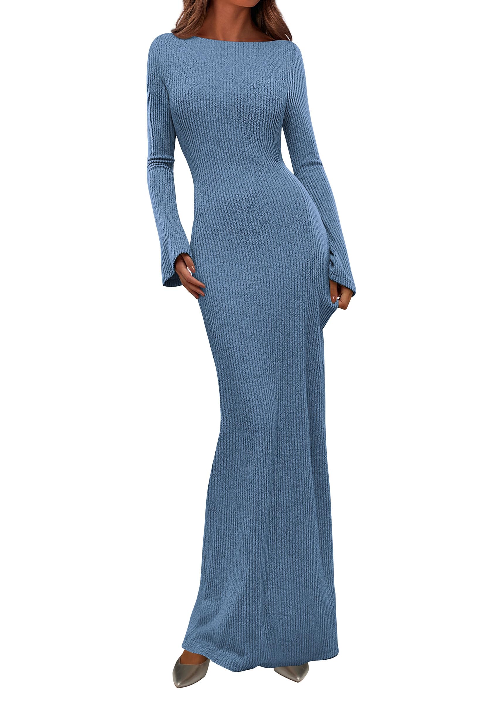 Women's Fall Long Sleeve Bodycon Maxi Dresses (Lake Blue,XS)