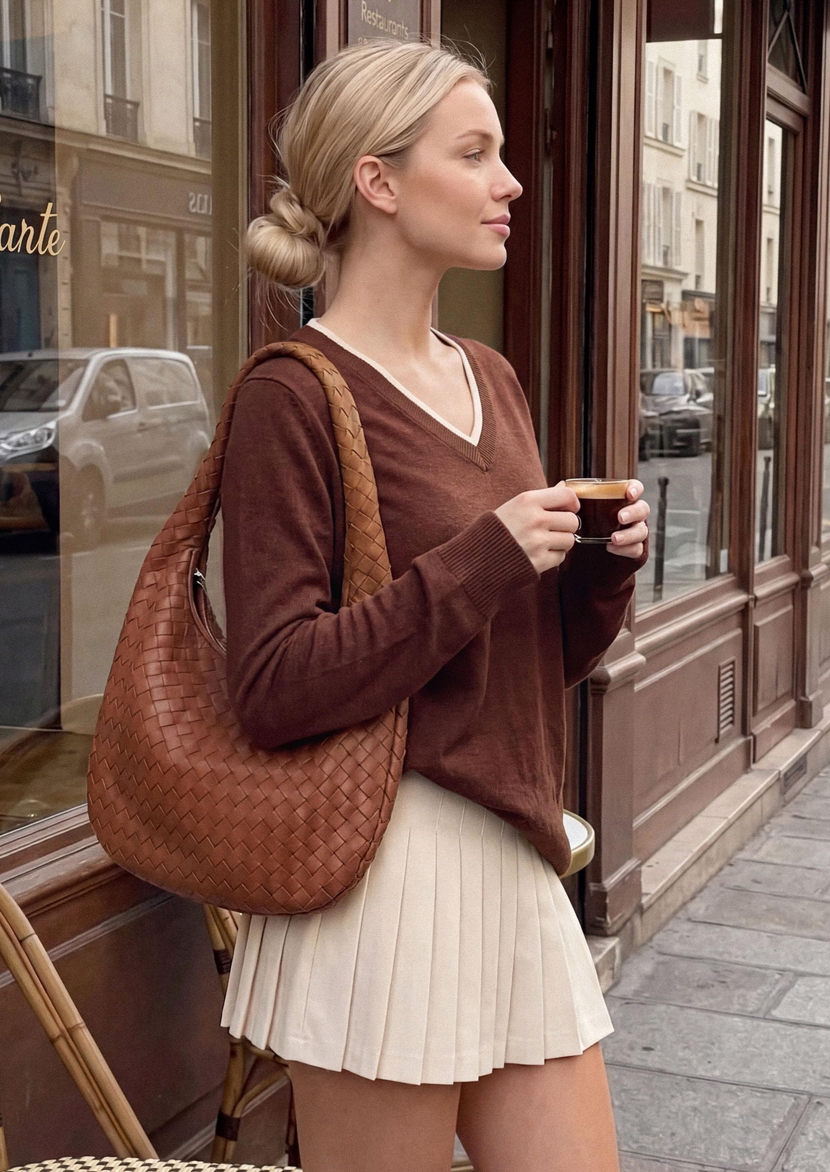 Women's V Neck Sweater Long Sleeve Knit Tops (Brown,S)