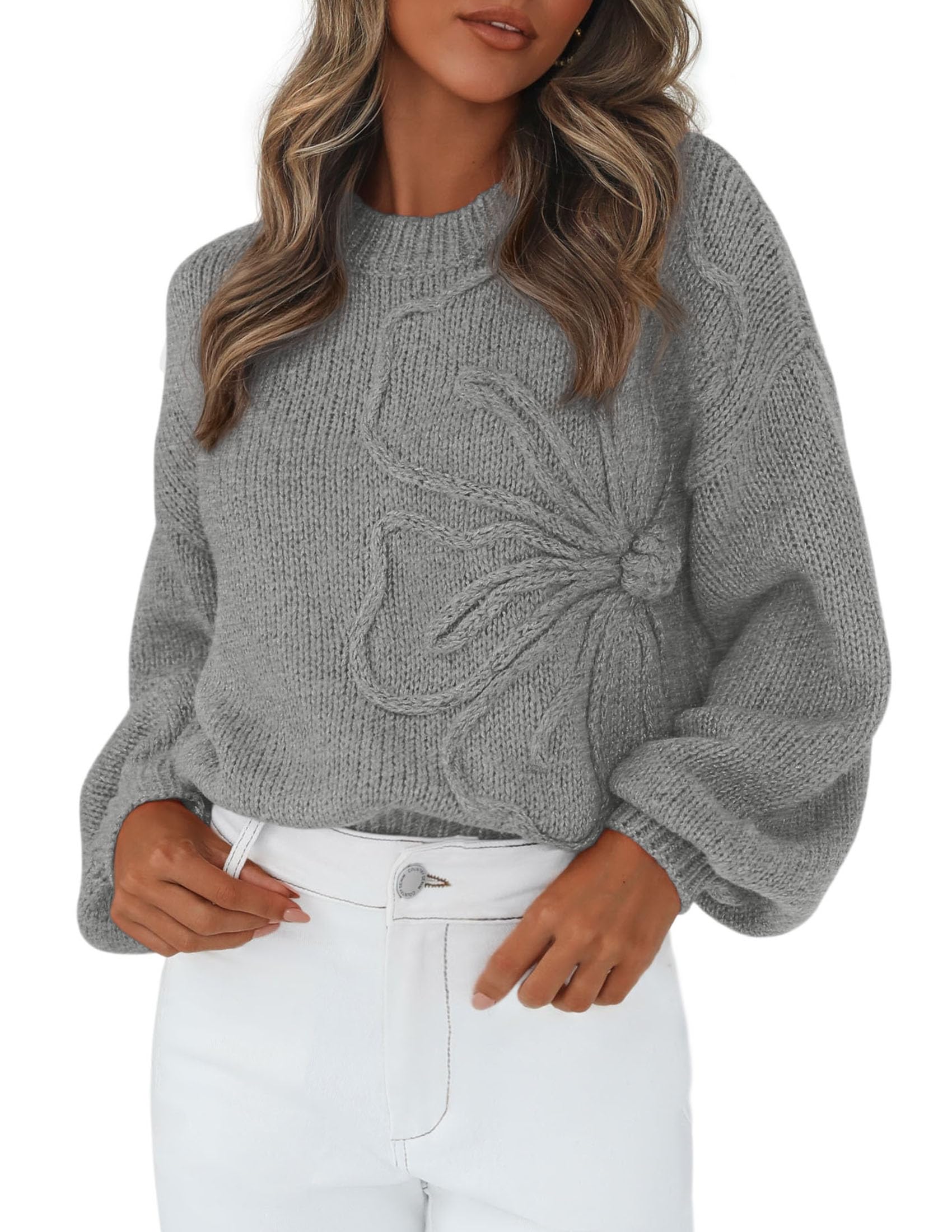 Women's Oversized 3D Floral Knit Sweater,Grey,S
