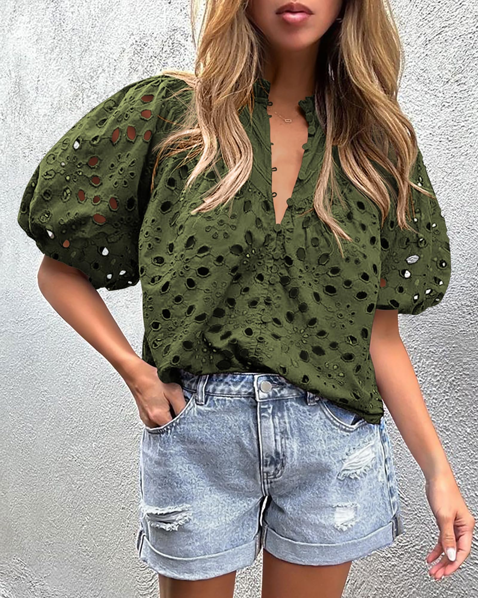 Womens Tops Boho Eyelet Puff Sleeve Blouse, Army Green,S