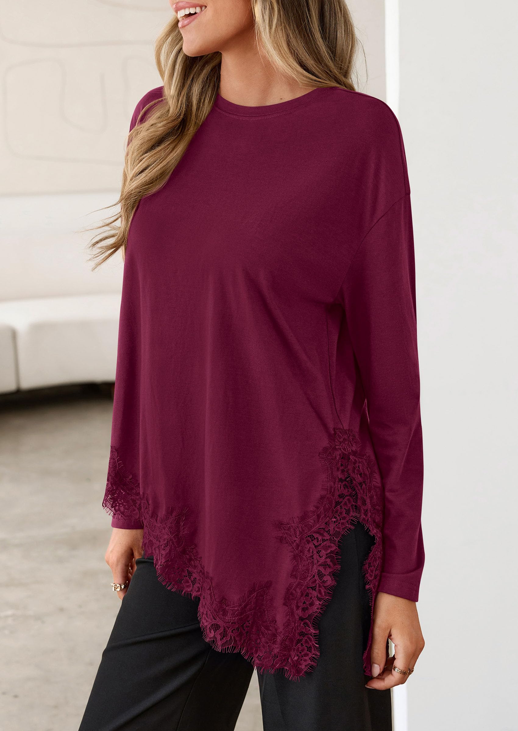 Women's Long Sleeve Asymmetrical Lace Tops Oversized Tshirts