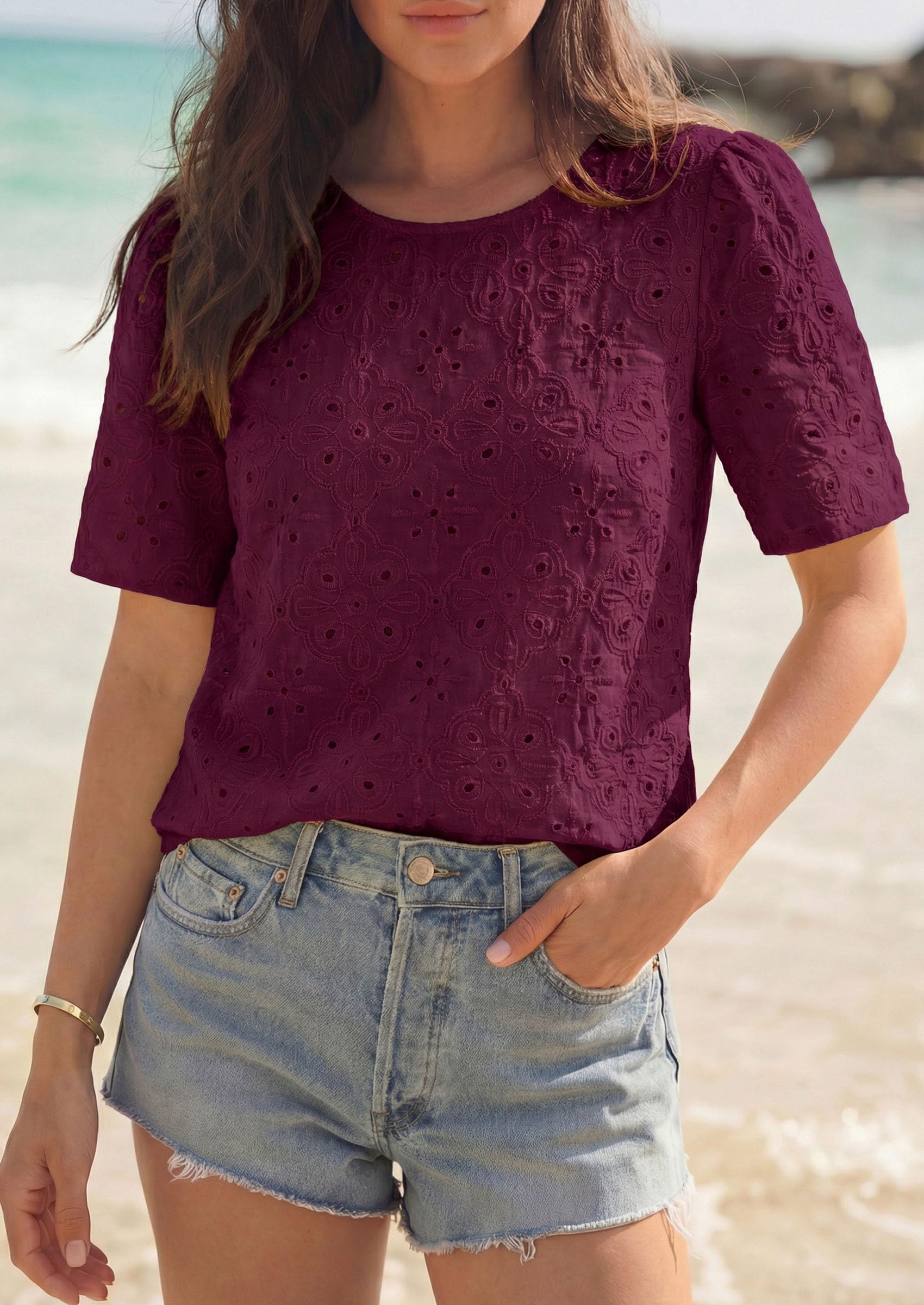 Women's Embroidered Eyelet Short Sleeve Blouse, Burgundy,XS