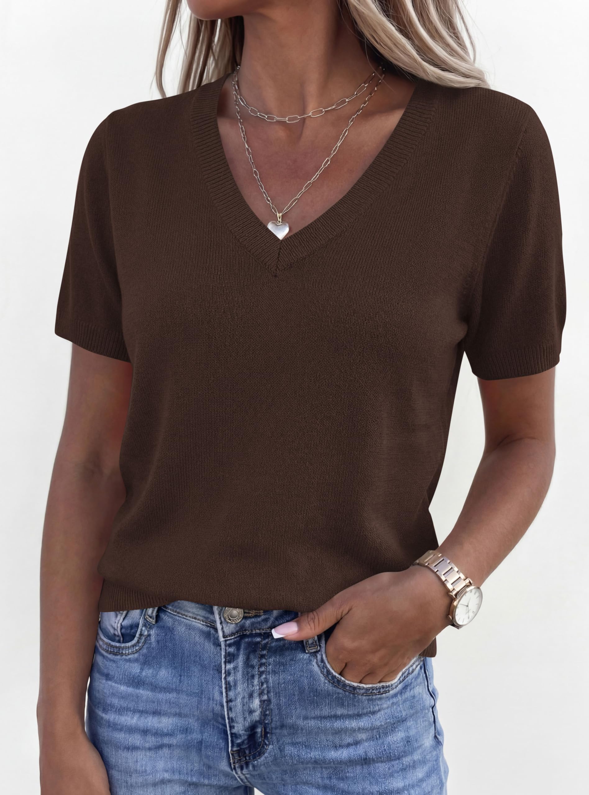 Womens Short Sleeve Sweater V Neck Tops,Brown,S