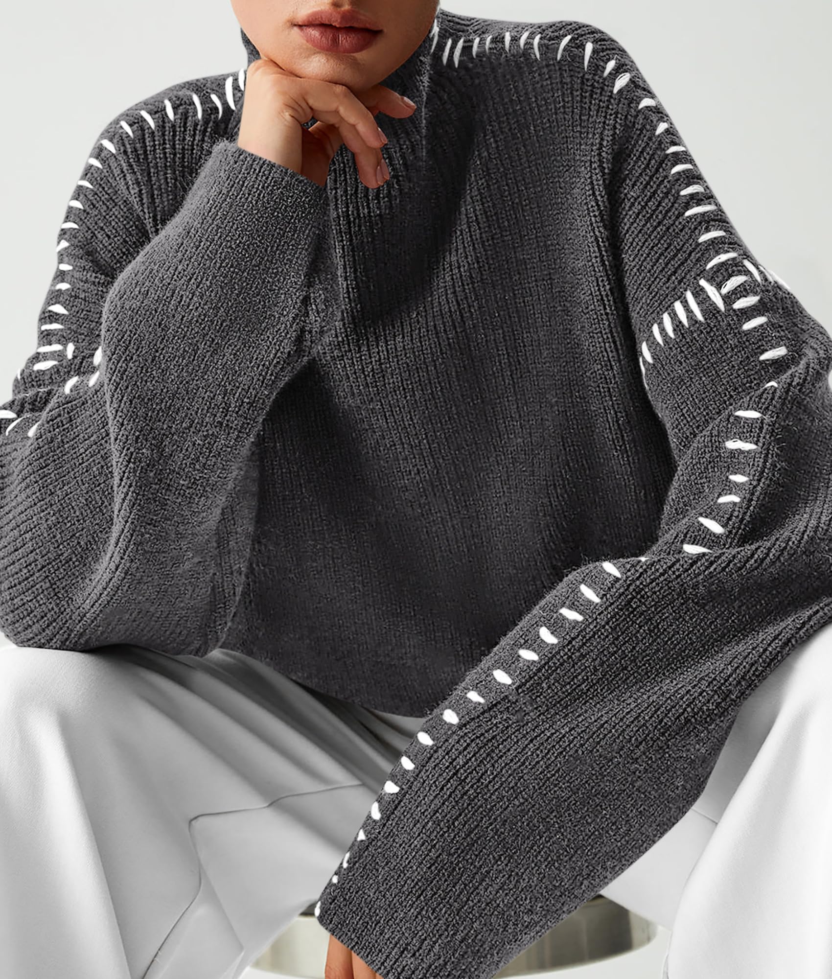 Womens Chunky Knit Oversized Pullover Sweaters,Grey,S