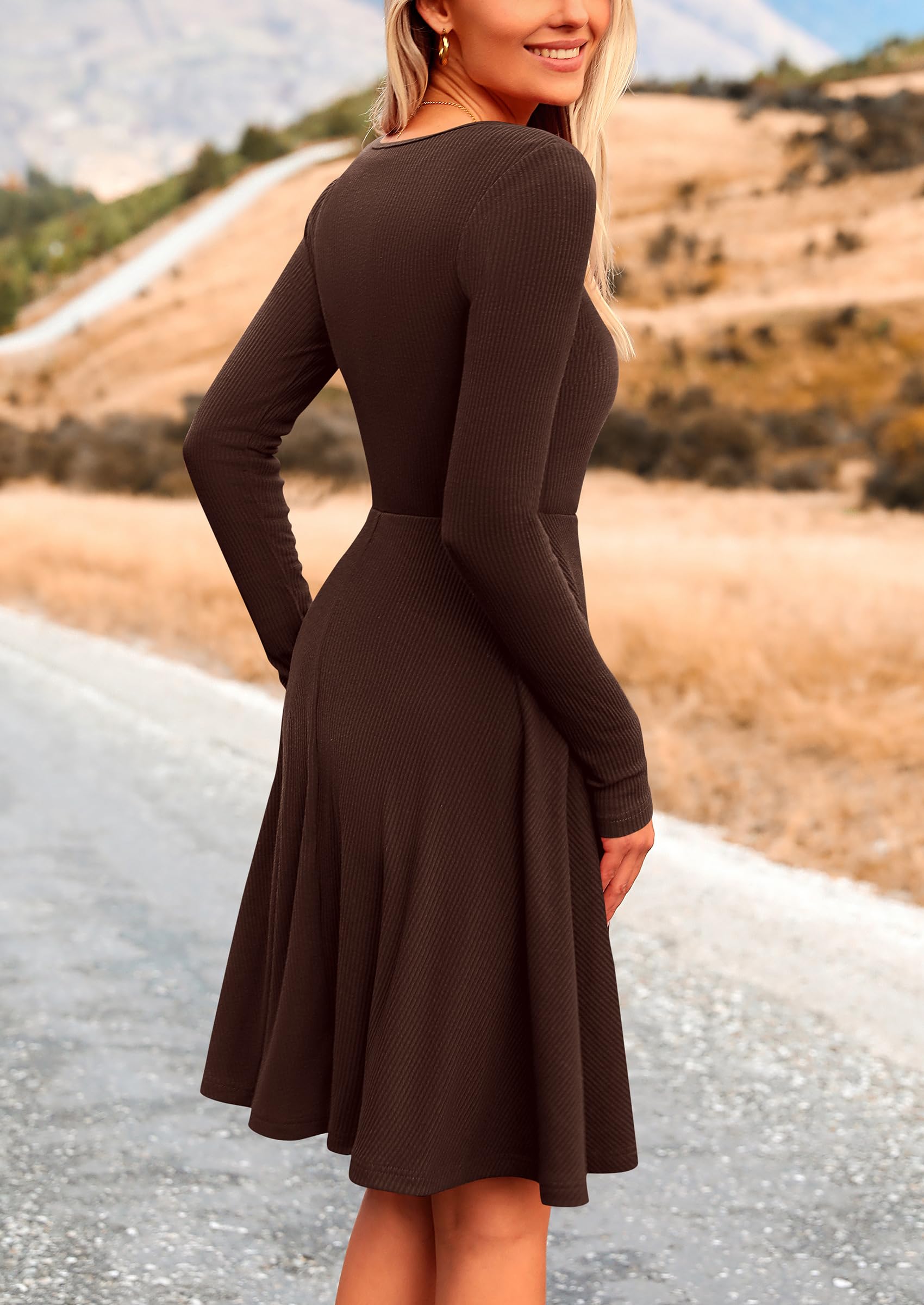 Women's Fall Casual Long Sleeve Short Dress (Dark Coffee,S)