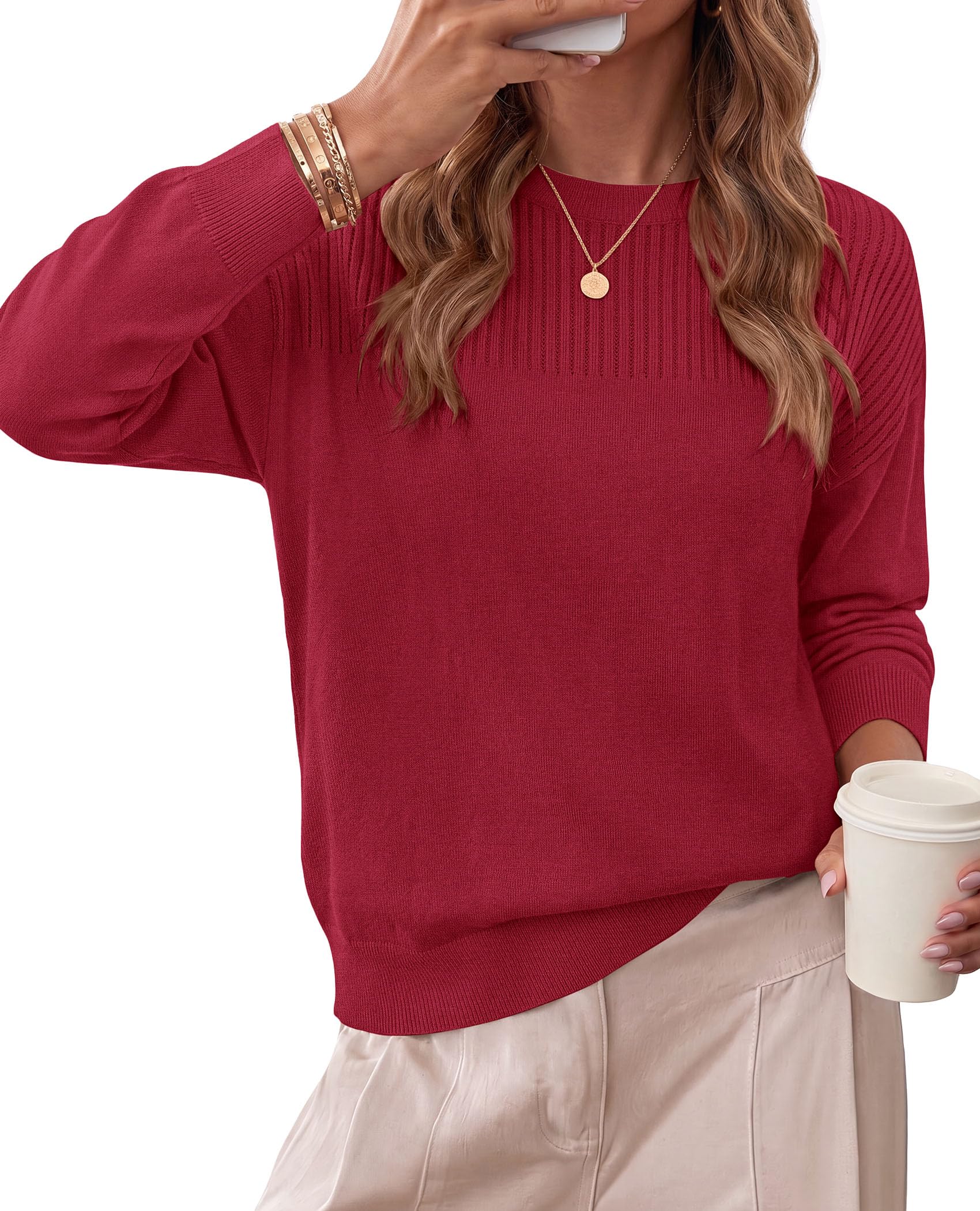 Sweaters for Women Fall Crewneck Knit Cropped Sweater Burgundy